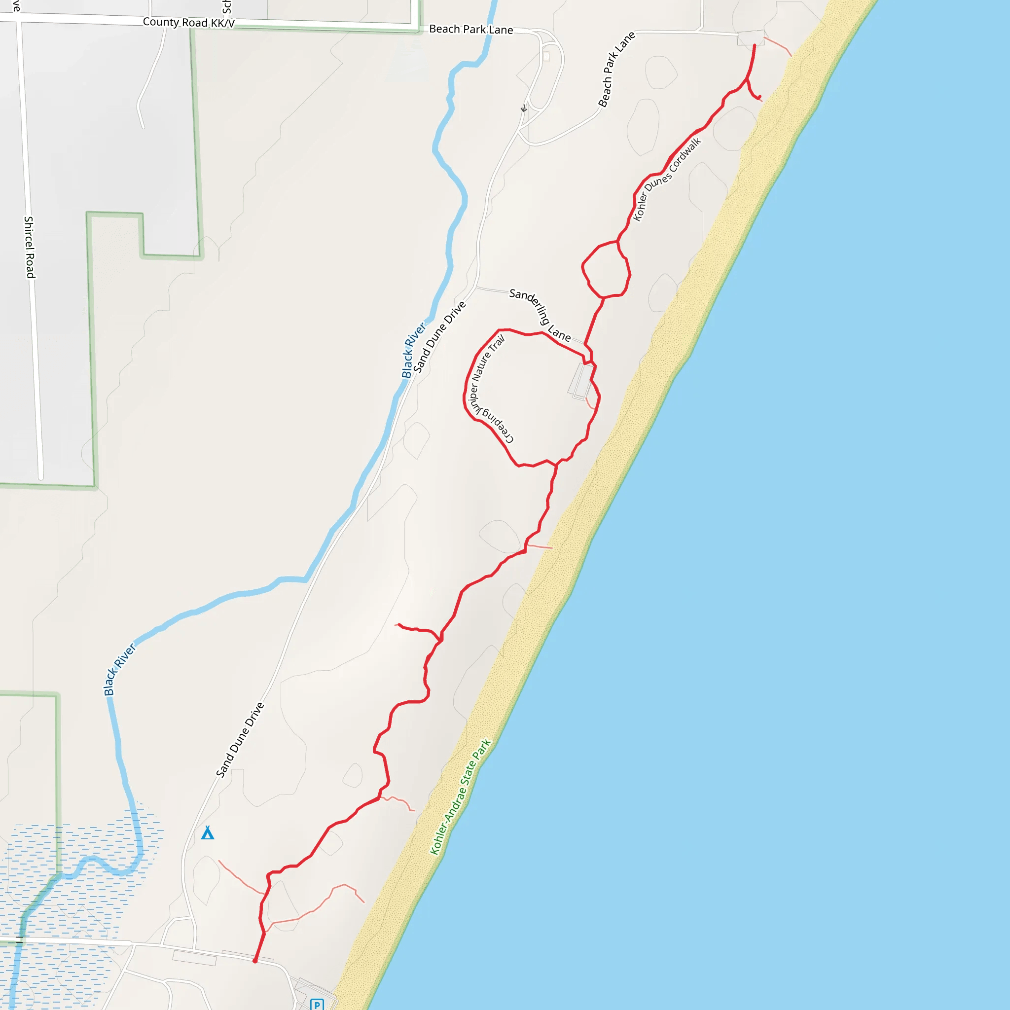 Kohler Dunes Cordwalk and Creeping Junior Nature Trail mobile static map