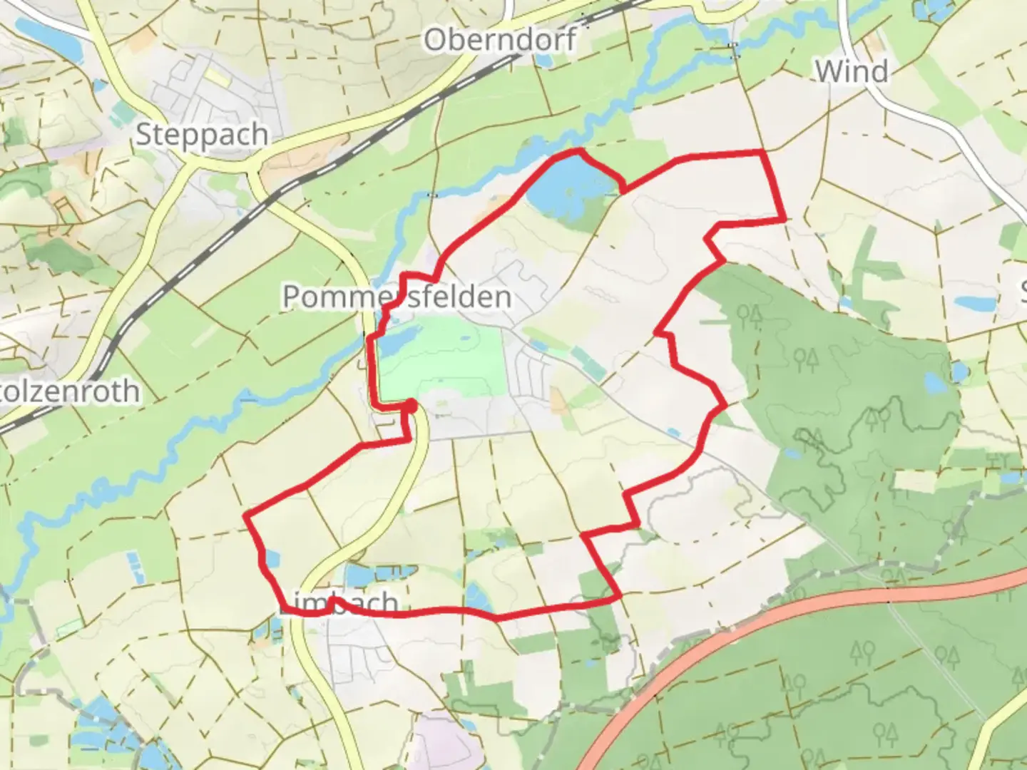An image depicting the trail Grosser Seeweg Pommersfelden Loop and its surrounding area.