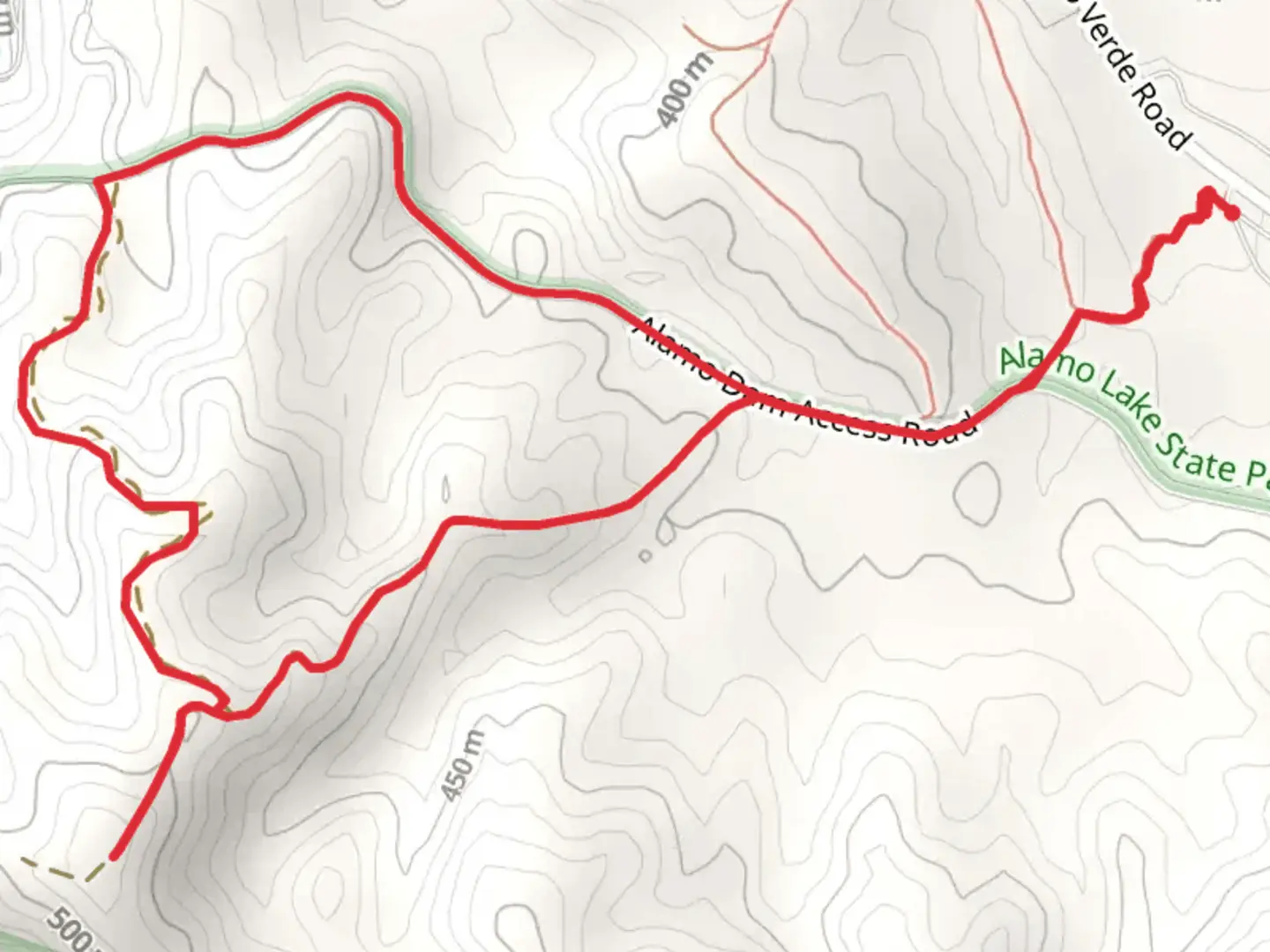 An image depicting the trail Alamo Dam Access Road Loop and its surrounding area.