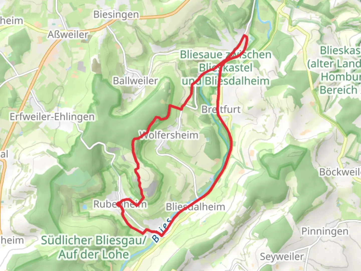 An image depicting the trail Rubenheim and Blickweiler Loop and its surrounding area.