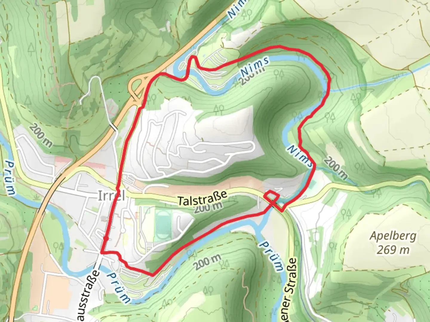 An image depicting the trail Irrel and Irrelermuhle Loop via Nims and its surrounding area.