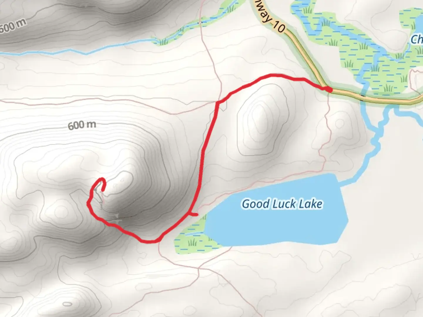 An image depicting the trail Good Luck Lake and Good Luck Mountain and its surrounding area.