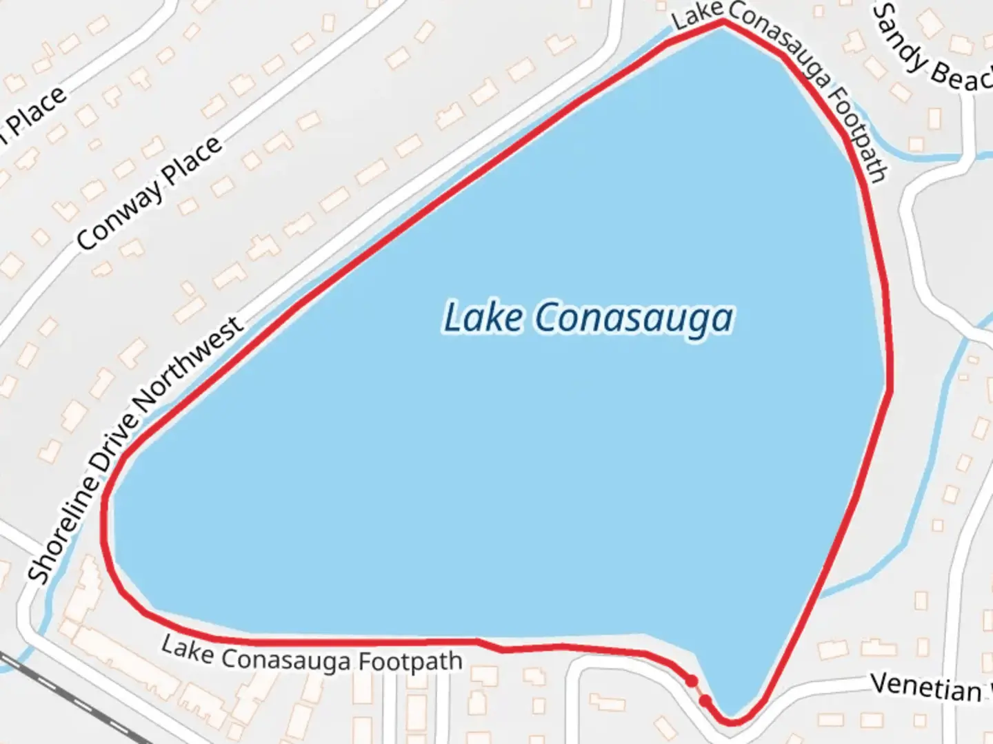 An image depicting the trail Lake Conasauga Loop and its surrounding area.