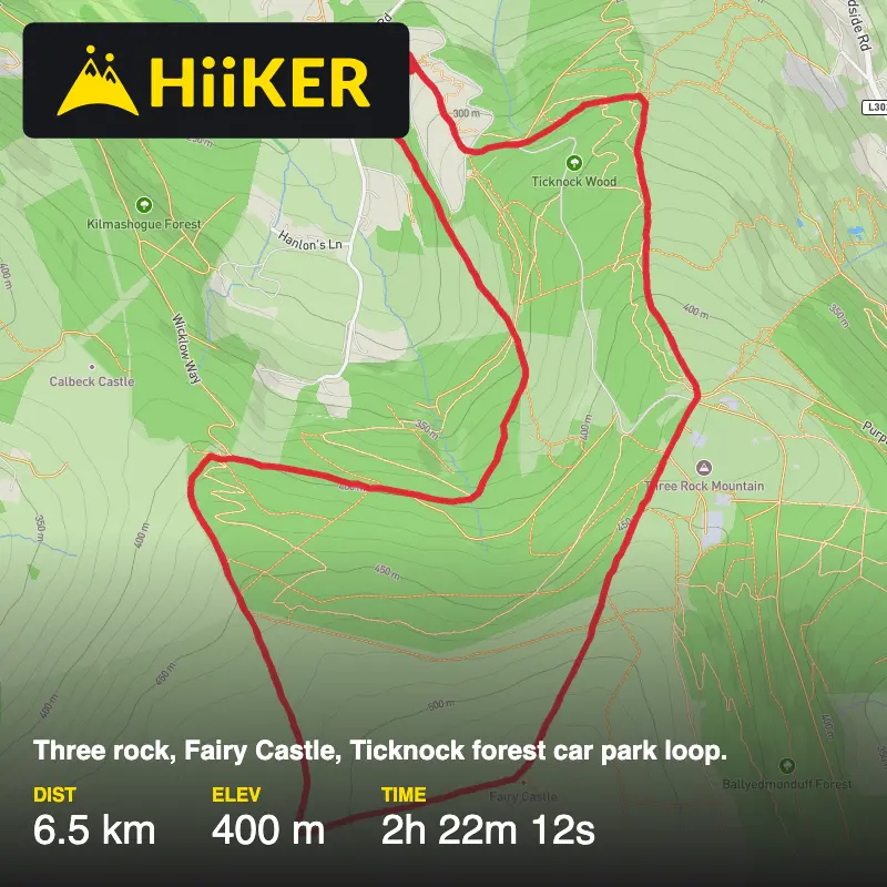 A map preview of the recording Three rock, Fairy Castle, Ticknock forest car park loop..