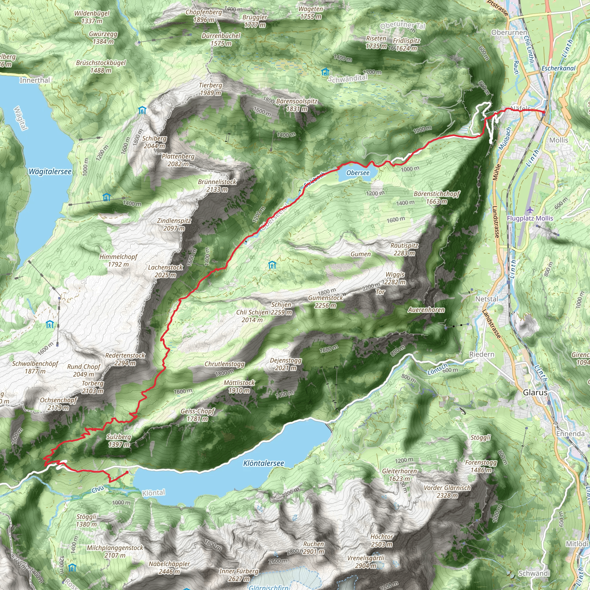 Glarus Nord to Lake Obersee and Lake Klöntal mobile static map