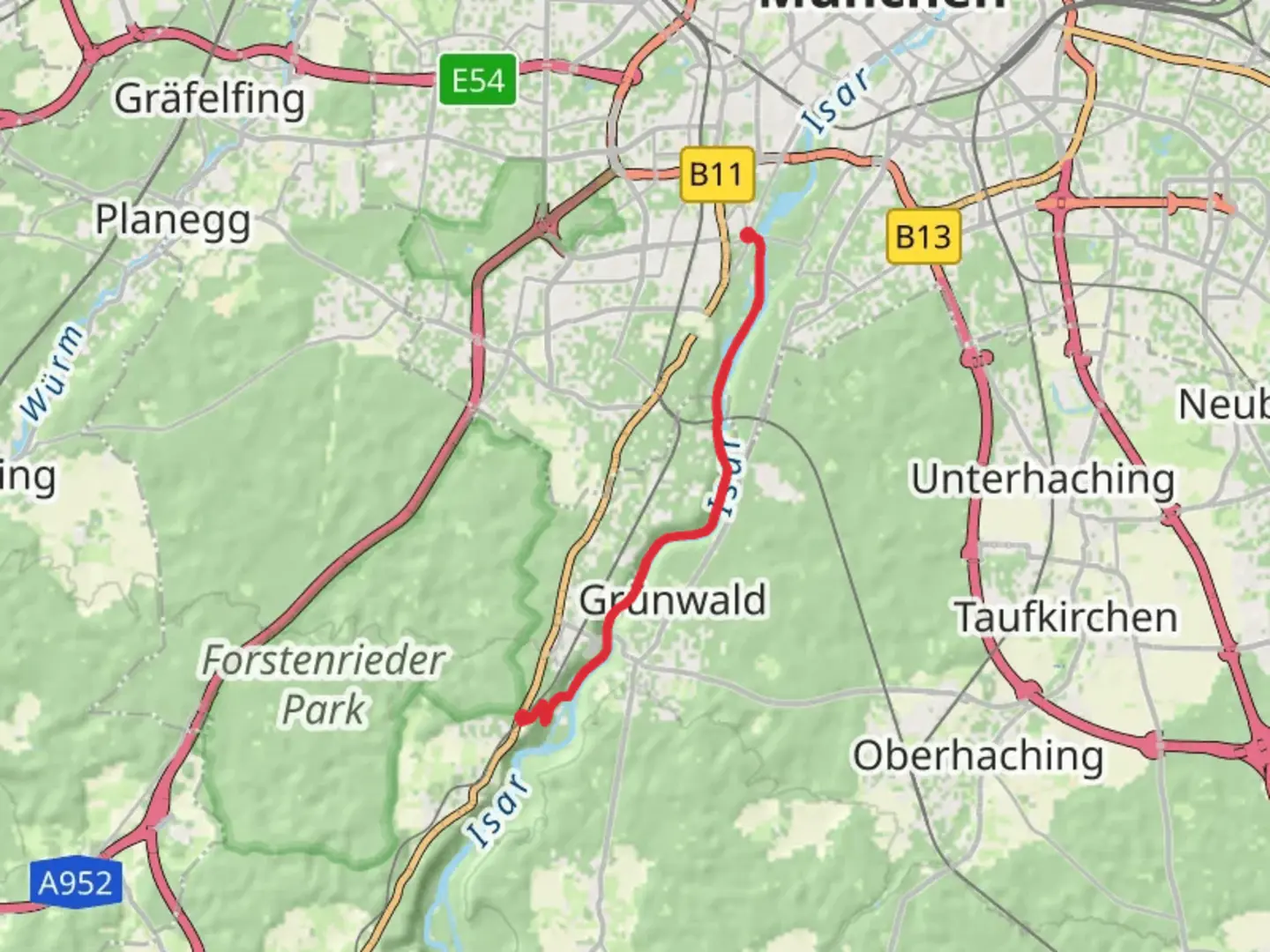 An image depicting the trail Kirchen to Buchenhain via Isarwerkkanal and its surrounding area.