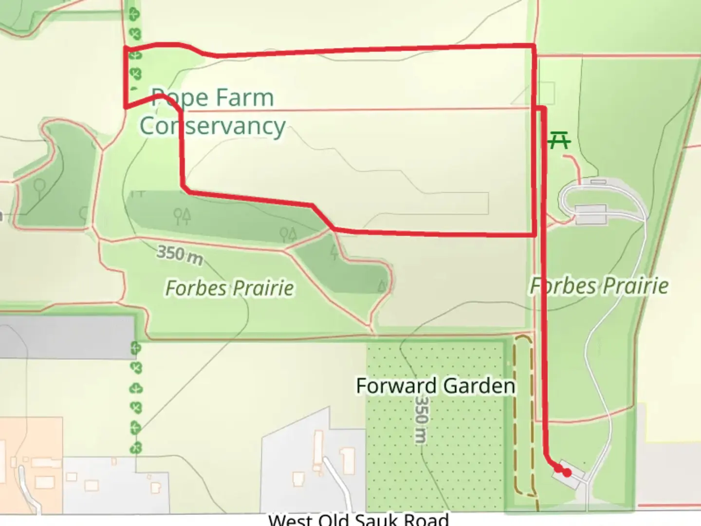 An image depicting the trail Moraine Walk and Theme Garden Loop and its surrounding area.