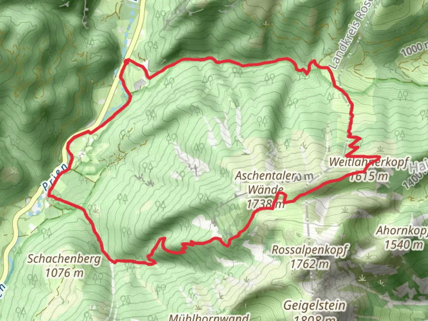 An image depicting the trail Wanderweg Hainbach - Dalsenalm and Via Alpina Purple and its surrounding area.