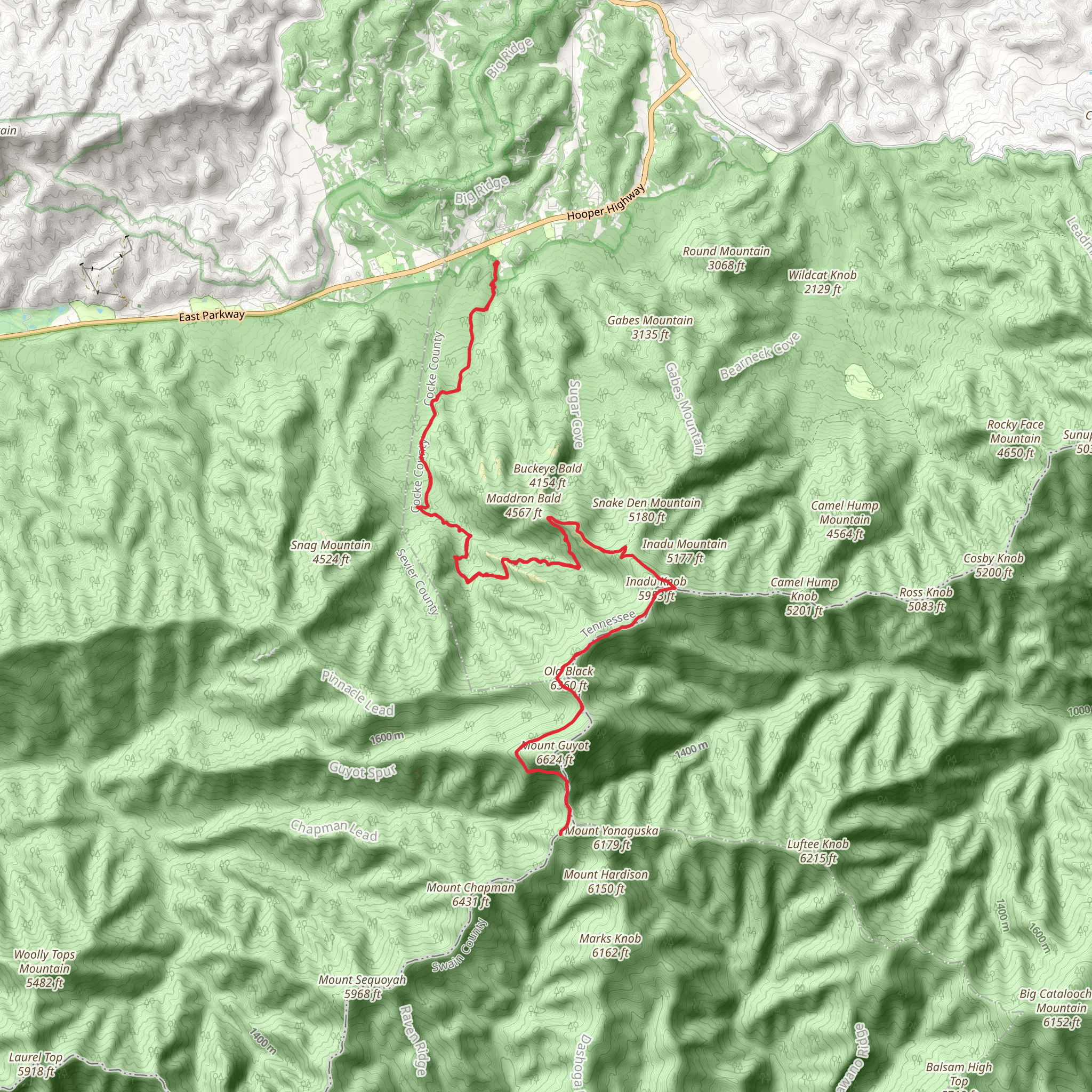 Inadu Mountain,Old Black and Tricorner Knob via Appalachian Trail mobile static map