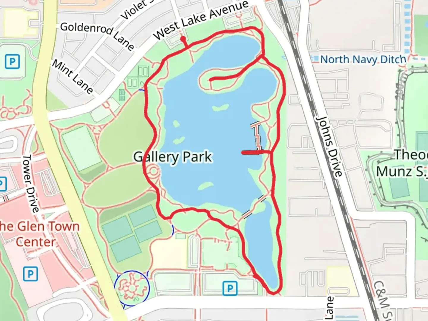 An image depicting the trail Gallery Park and Lake Glenview Loop and its surrounding area.