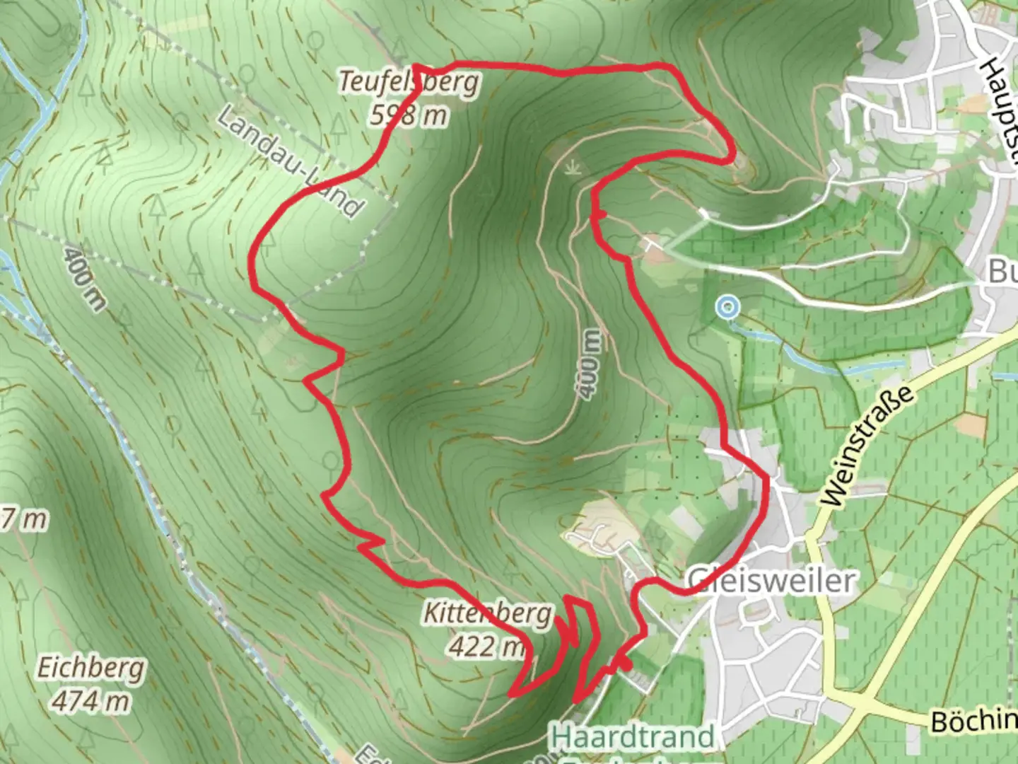 An image depicting the trail Teufelsberg via Wanderweg Deutsche Weinstrasse and its surrounding area.