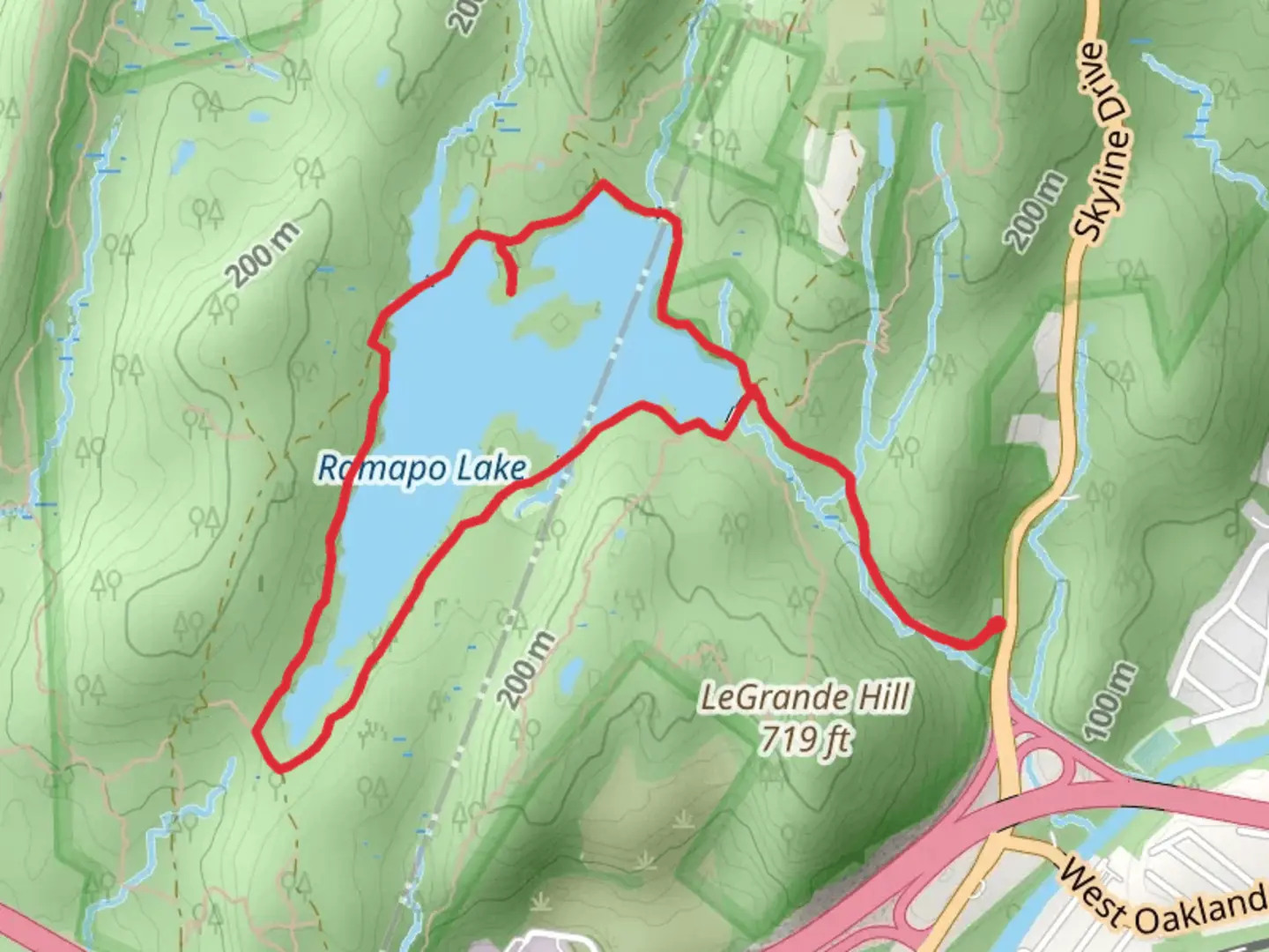 An image depicting the trail Ramapo Lake via MacEvoy Trail - Blue and Cannonball Trail and Lakeshore Path Loop and its surrounding area.
