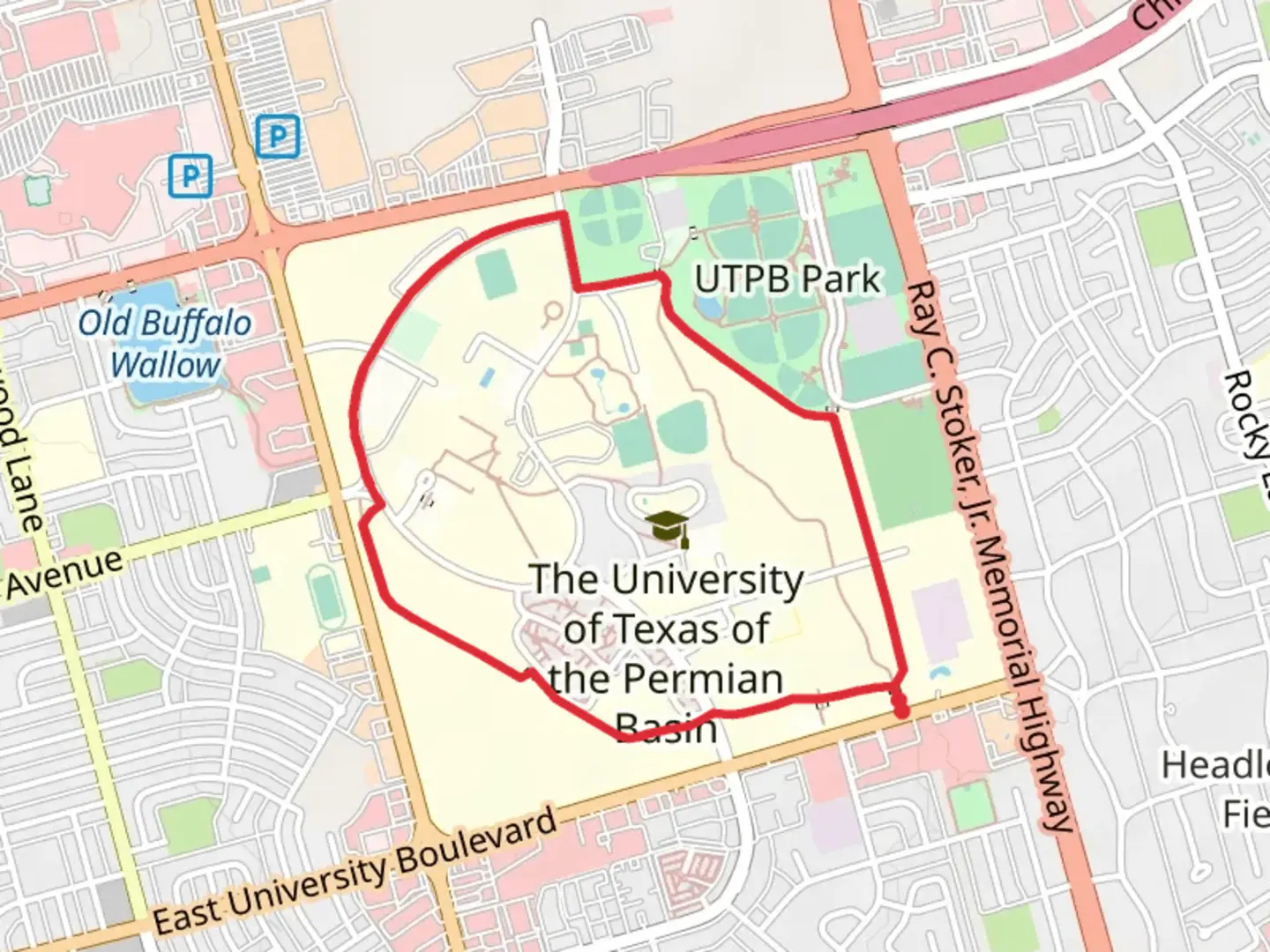 An image depicting the trail The University of Texas of the Permian Basin Loop and its surrounding area.