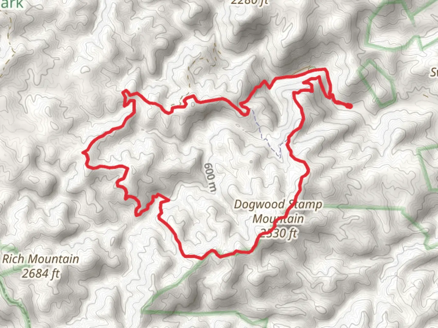 An image depicting the trail Raven Rock, Dogwood Stamp Mountain and Fox Loop Trail and its surrounding area.