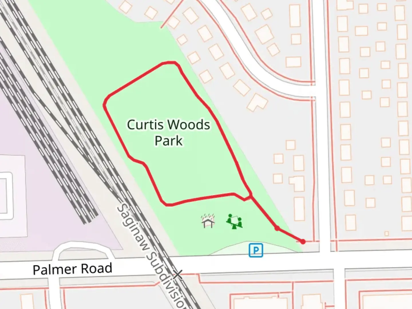 An image depicting the trail Curtis Woods Park Loop and its surrounding area.