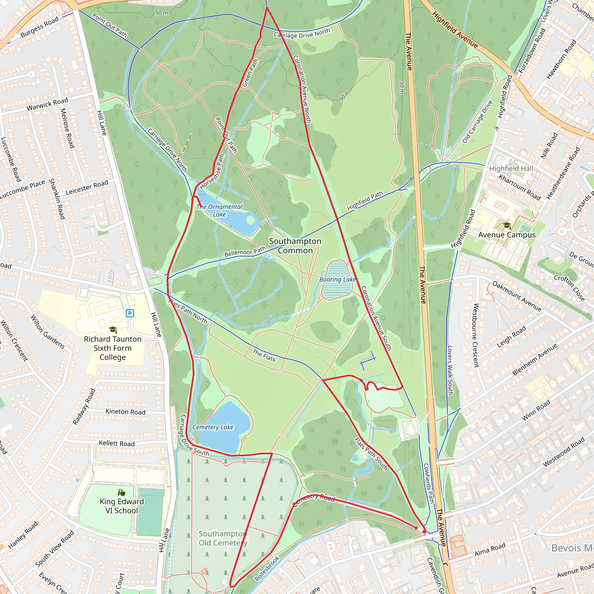 Southampton Common, The Ornamental Lake and Cemetery Lake Loop mobile static map