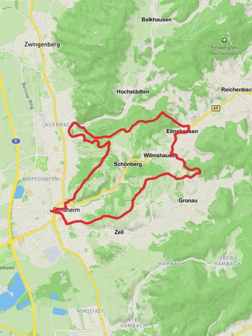 An image depicting the trail Bensheim and Elmshausen Loop via Furstenlager and its surrounding area.