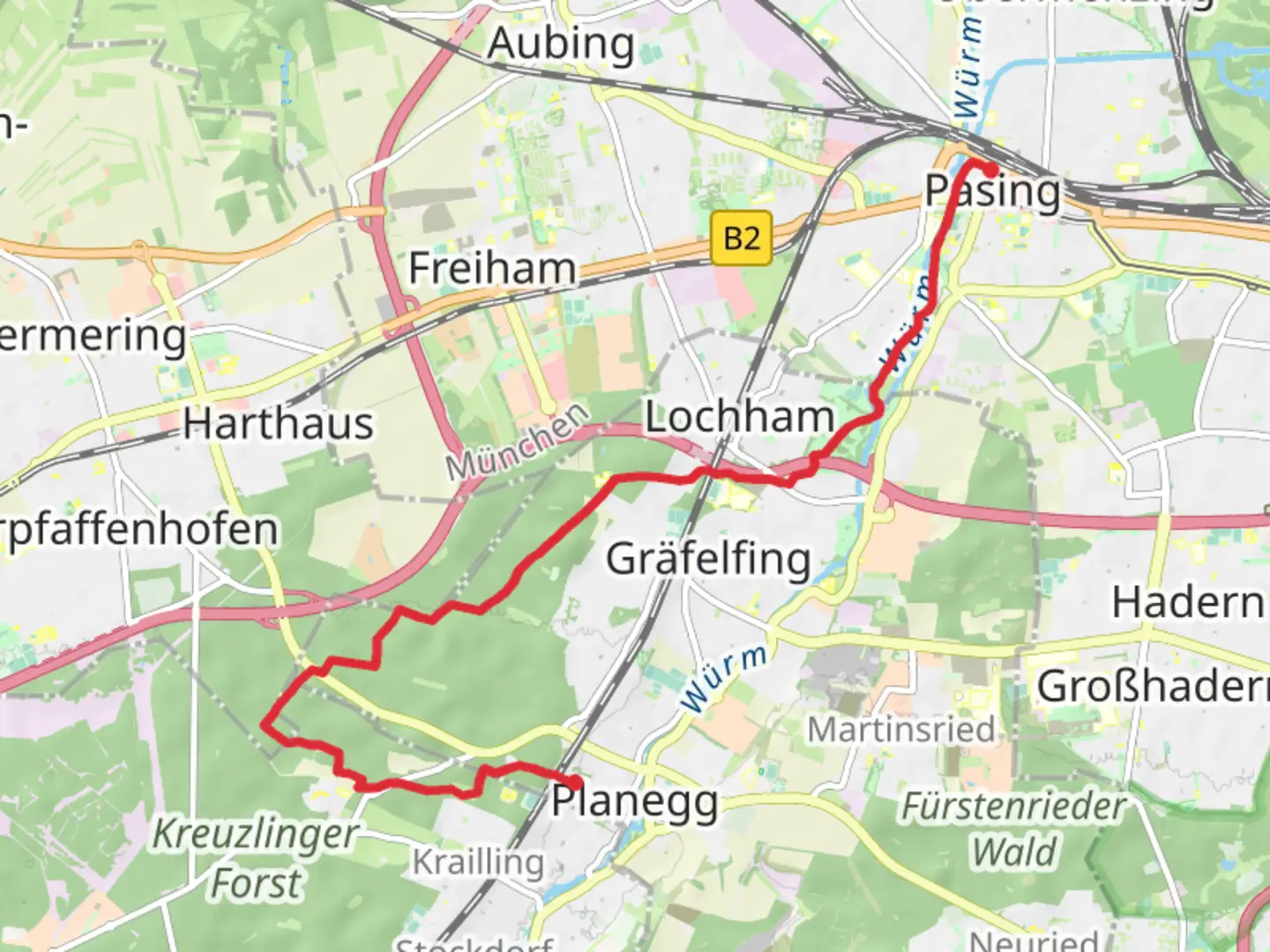 An image depicting the trail Pasing to Planegg Walk via River Wurm and its surrounding area.