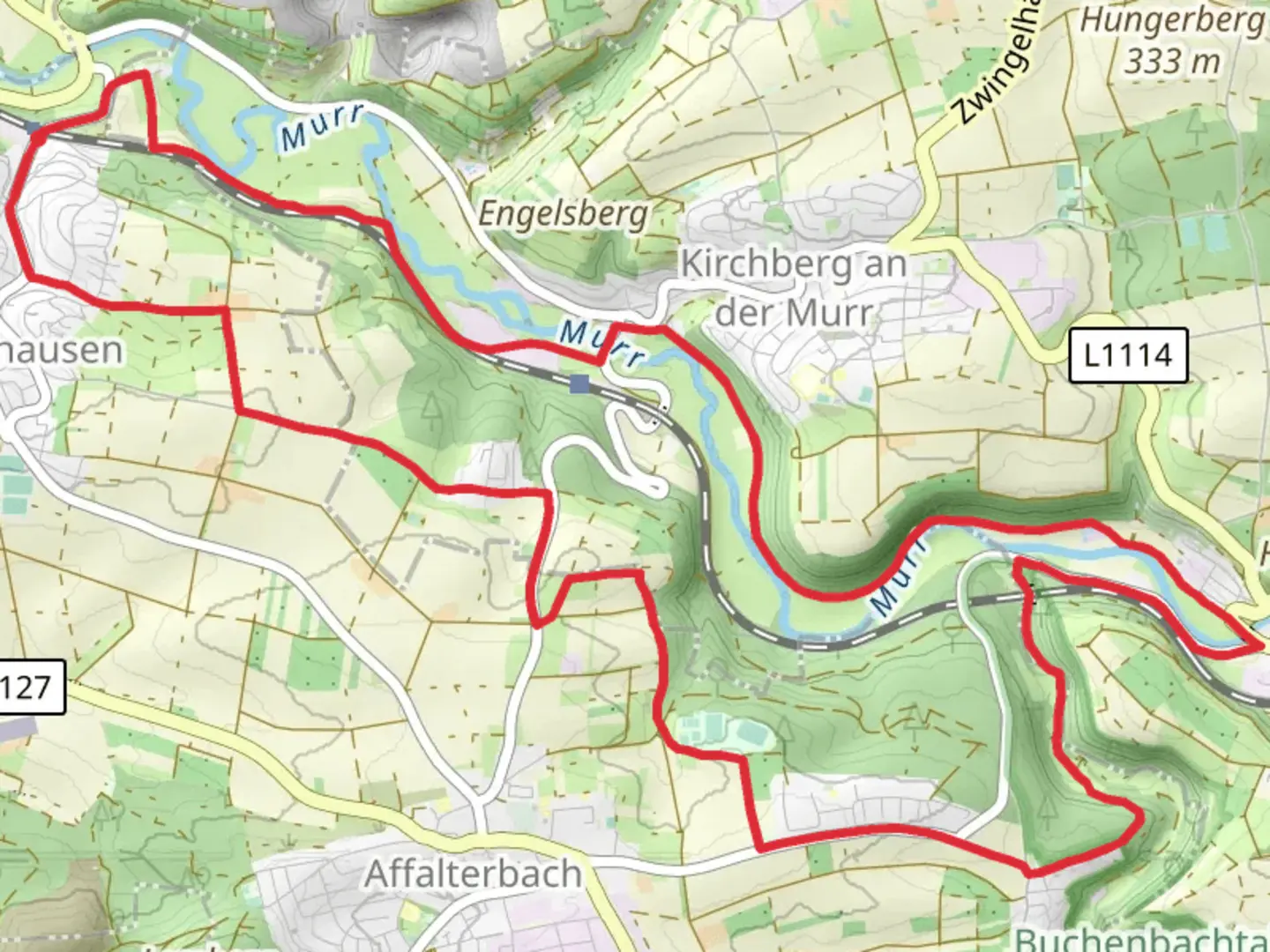 An image depicting the trail Erdmannhausen and Kirchberg Loop via Murr and its surrounding area.