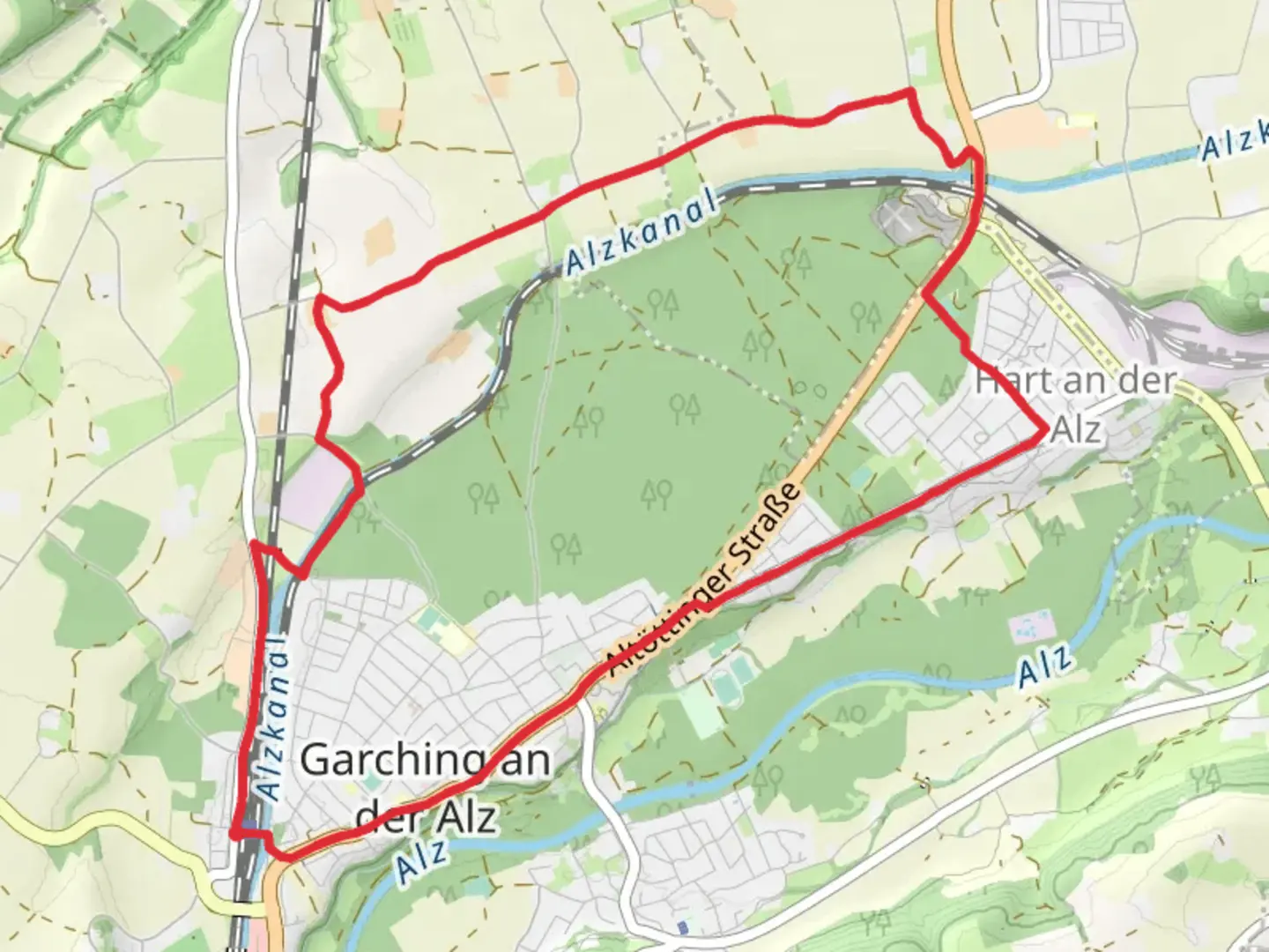 An image depicting the trail Garching an der Alz and Hart an der Alz Loop and its surrounding area.