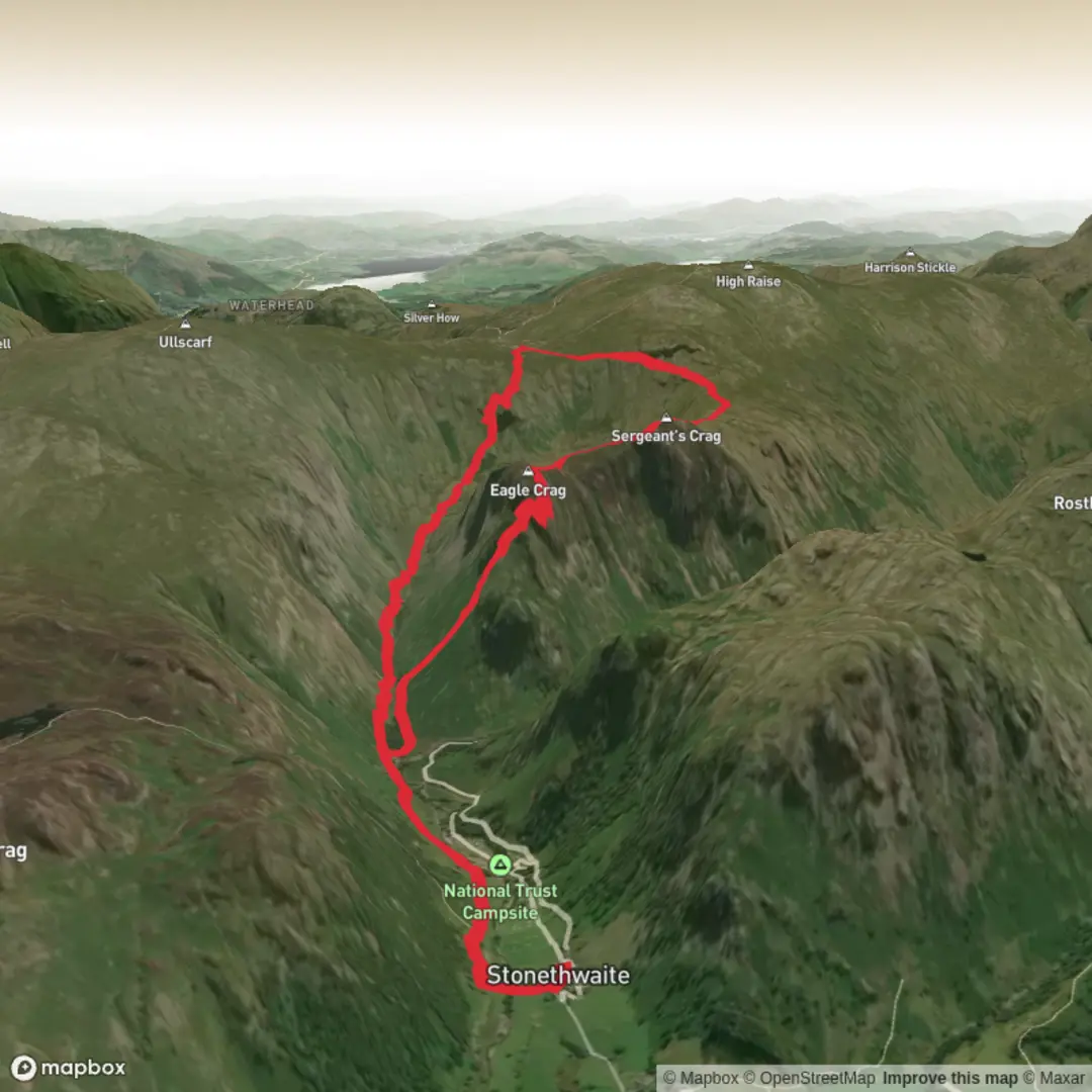 An image depicting the trail Eagle Crag from Stonethwaite and its surrounding area.