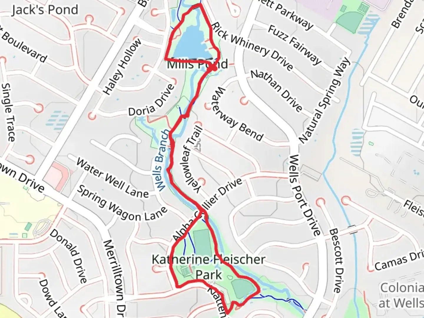 An image depicting the trail Mills Pond and Katherine Fleischer Park Loop and its surrounding area.