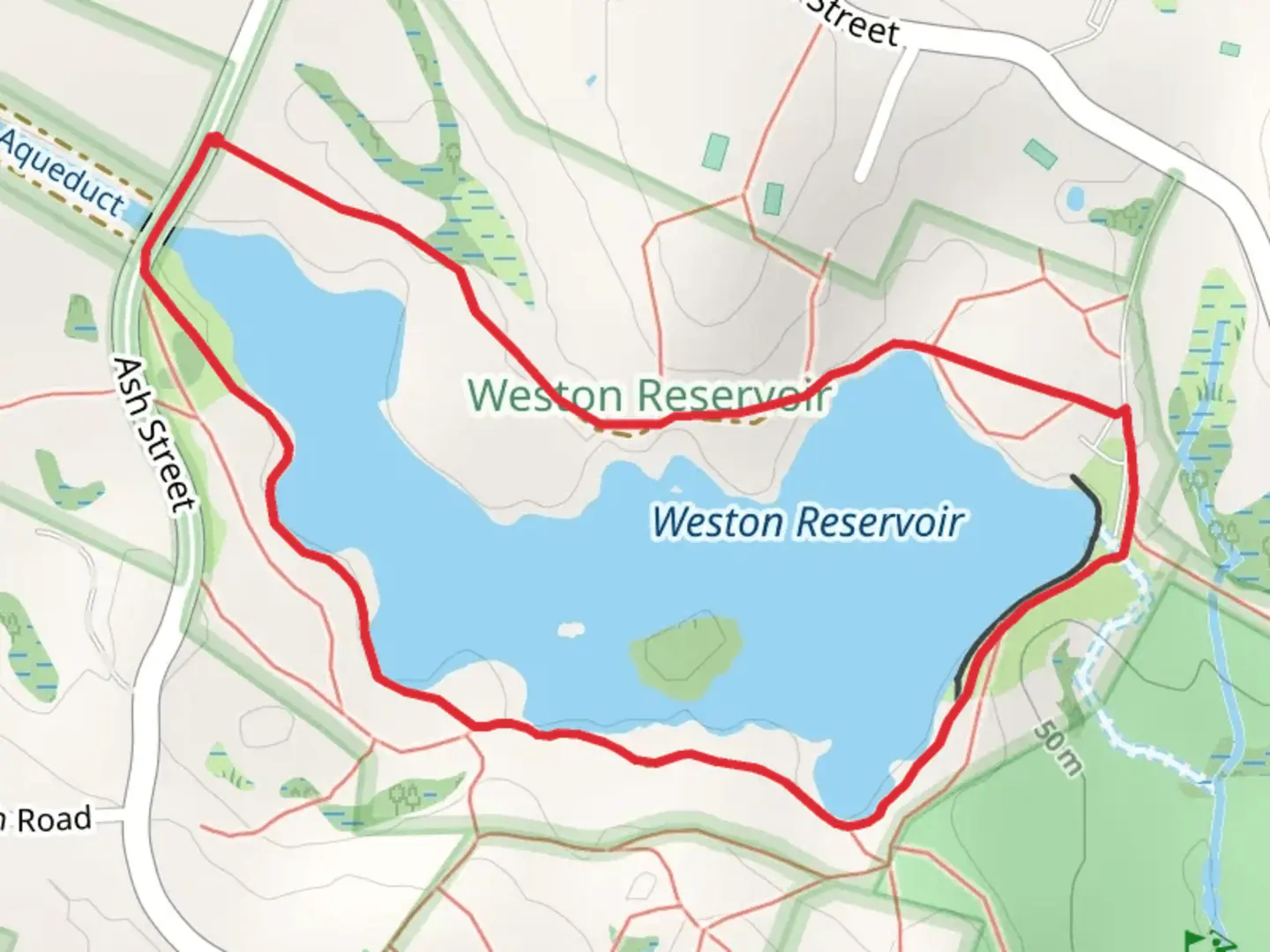 An image depicting the trail Weston Reservoir Loop and its surrounding area.