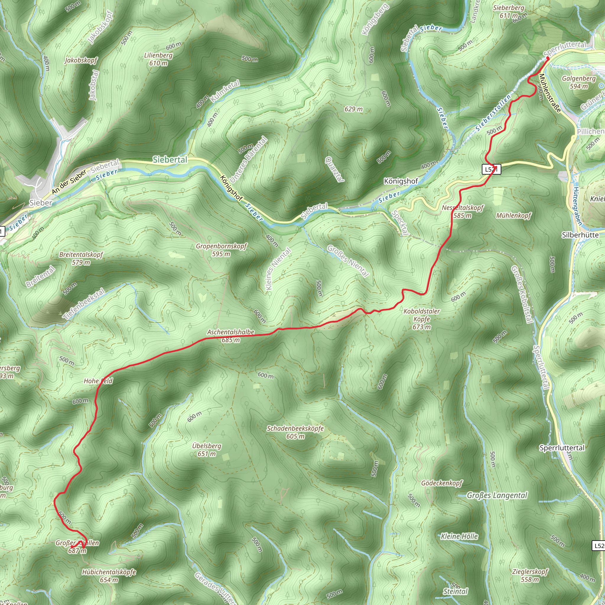 Sieberberg to Grosser Knollen via Aschentalshalbe and Harzklub Weg mobile static map