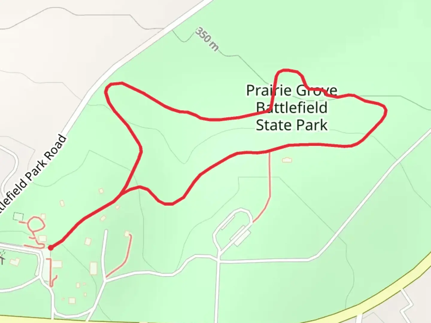 An image depicting the trail Prairie Grove Battlefield State Park Loop and its surrounding area.