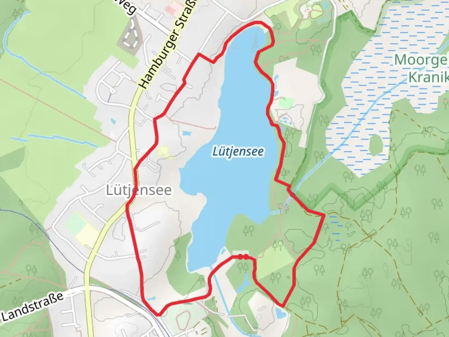 An image depicting the trail Lütjensee Loop and its surrounding area.