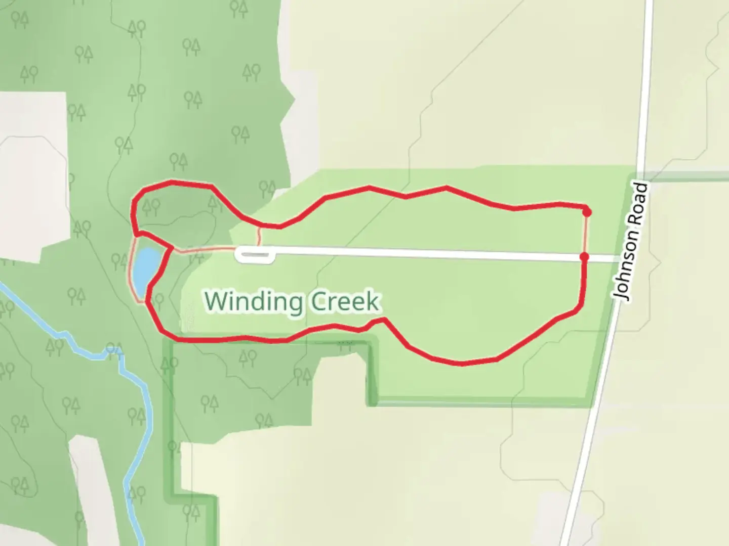 An image depicting the trail Winding Creek conservation Area Loop and its surrounding area.