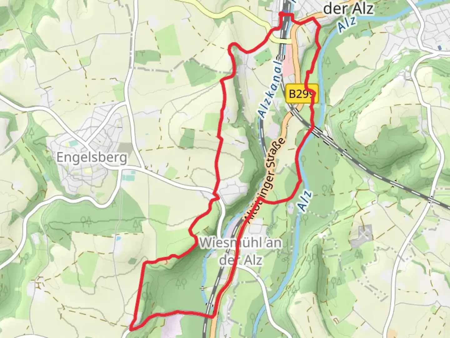 An image depicting the trail Garching to Wiesmühl Loop and its surrounding area.