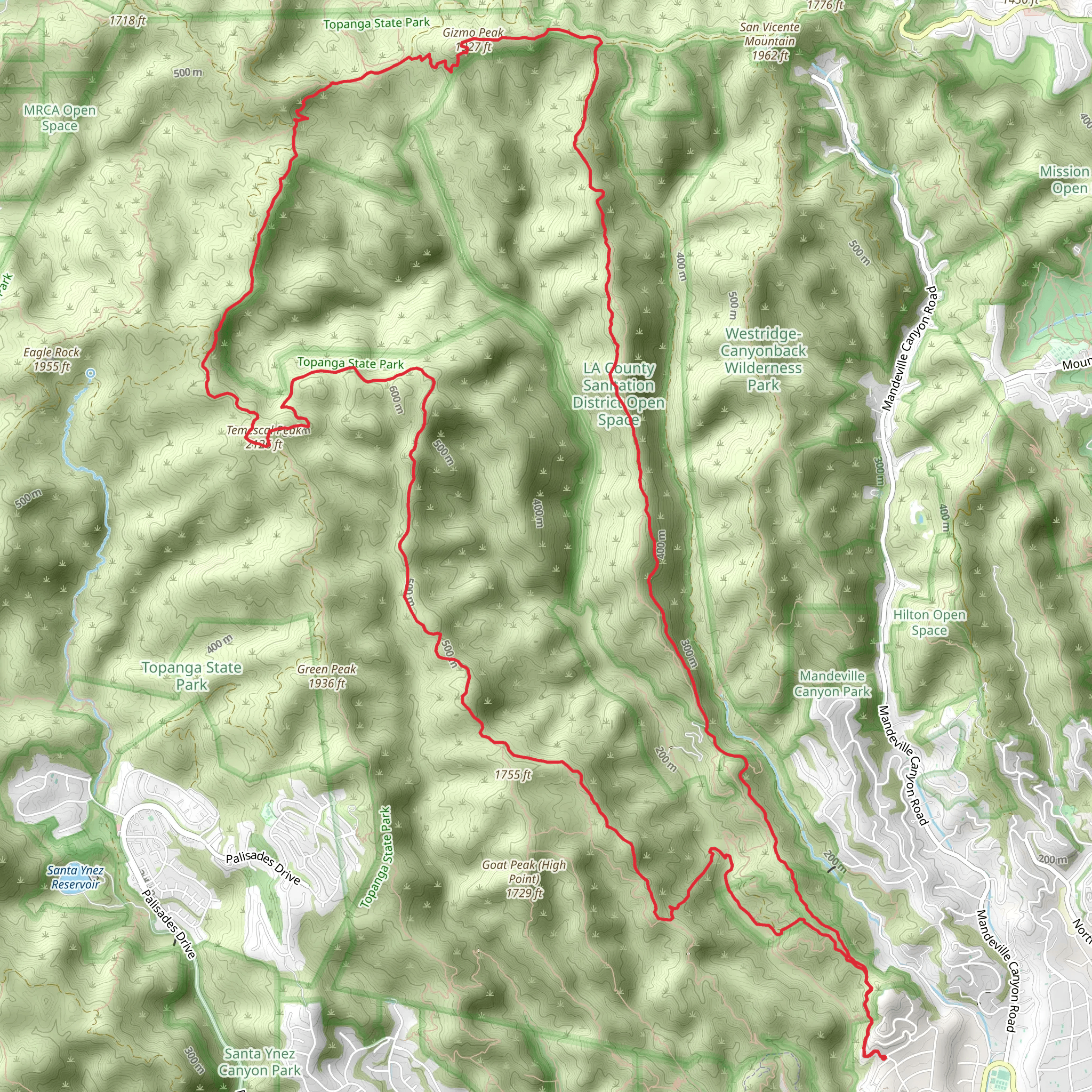 Sullivan Ridge, Gizmo Peak, Temescal Peak and Rustic Canyon Loop Trail mobile static map