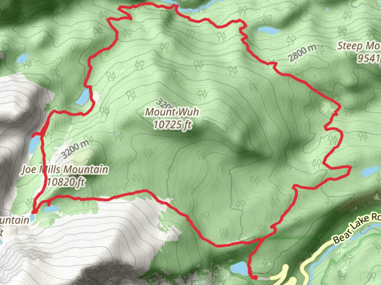 An image depicting the trail Flattop Mountain, Two Rivers Lake, Lake Helene, Odessa Lake and Bear Lake-Bierstadt Loop Trail and its surrounding area.
