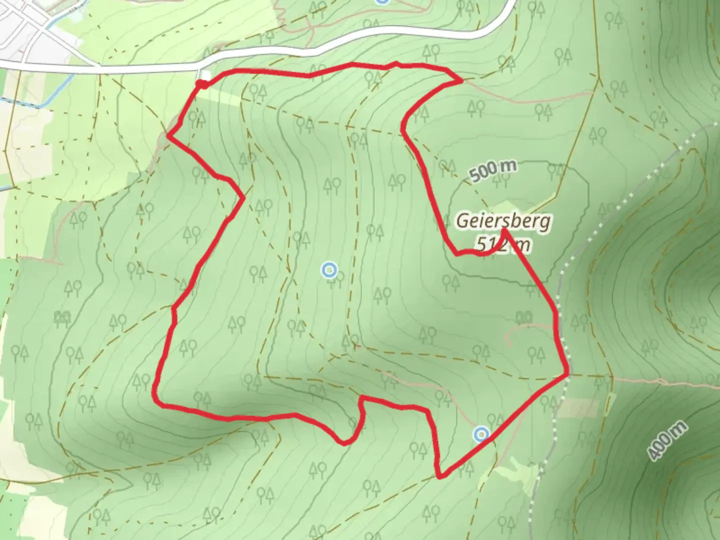 An image depicting the trail Geiersberg via Hohler Weg and Eselsweg and its surrounding area.