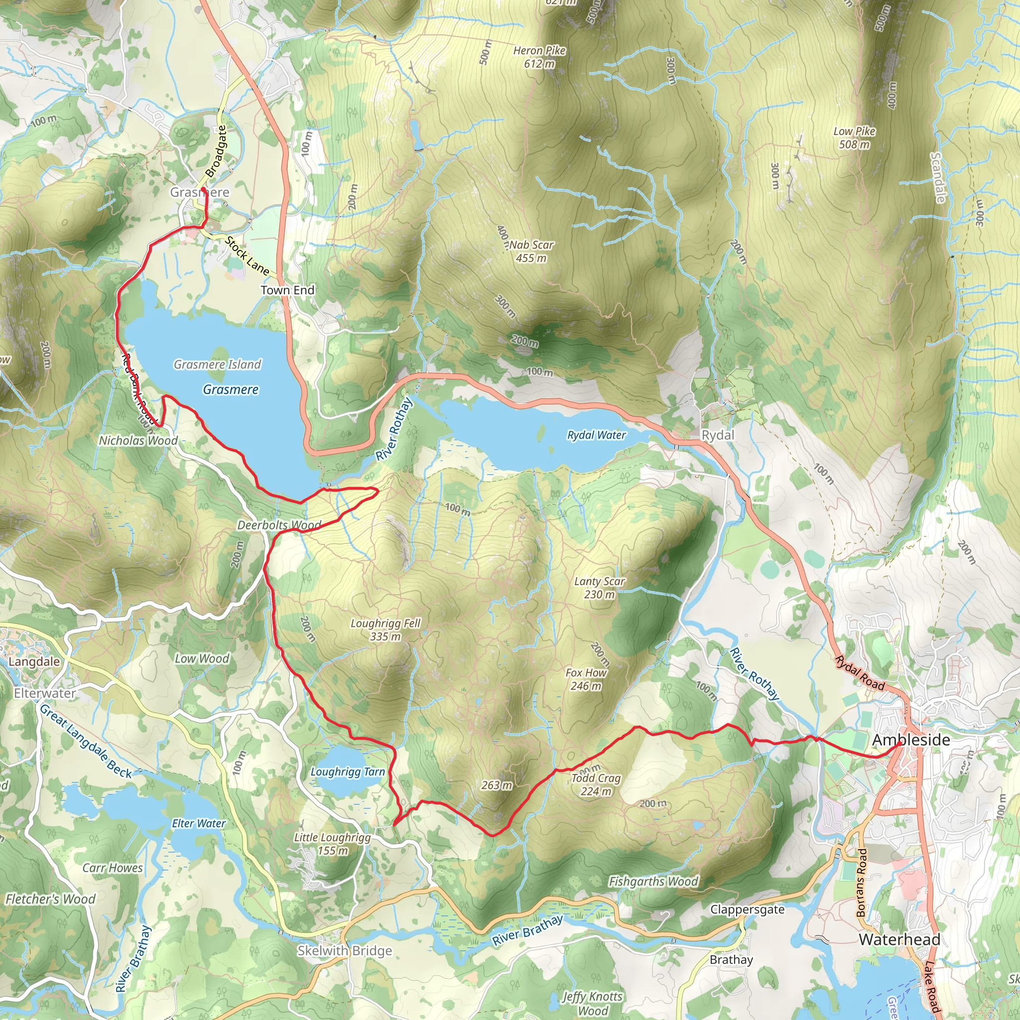 Grasmere to Ambleside Walk via Grasmere mobile static map