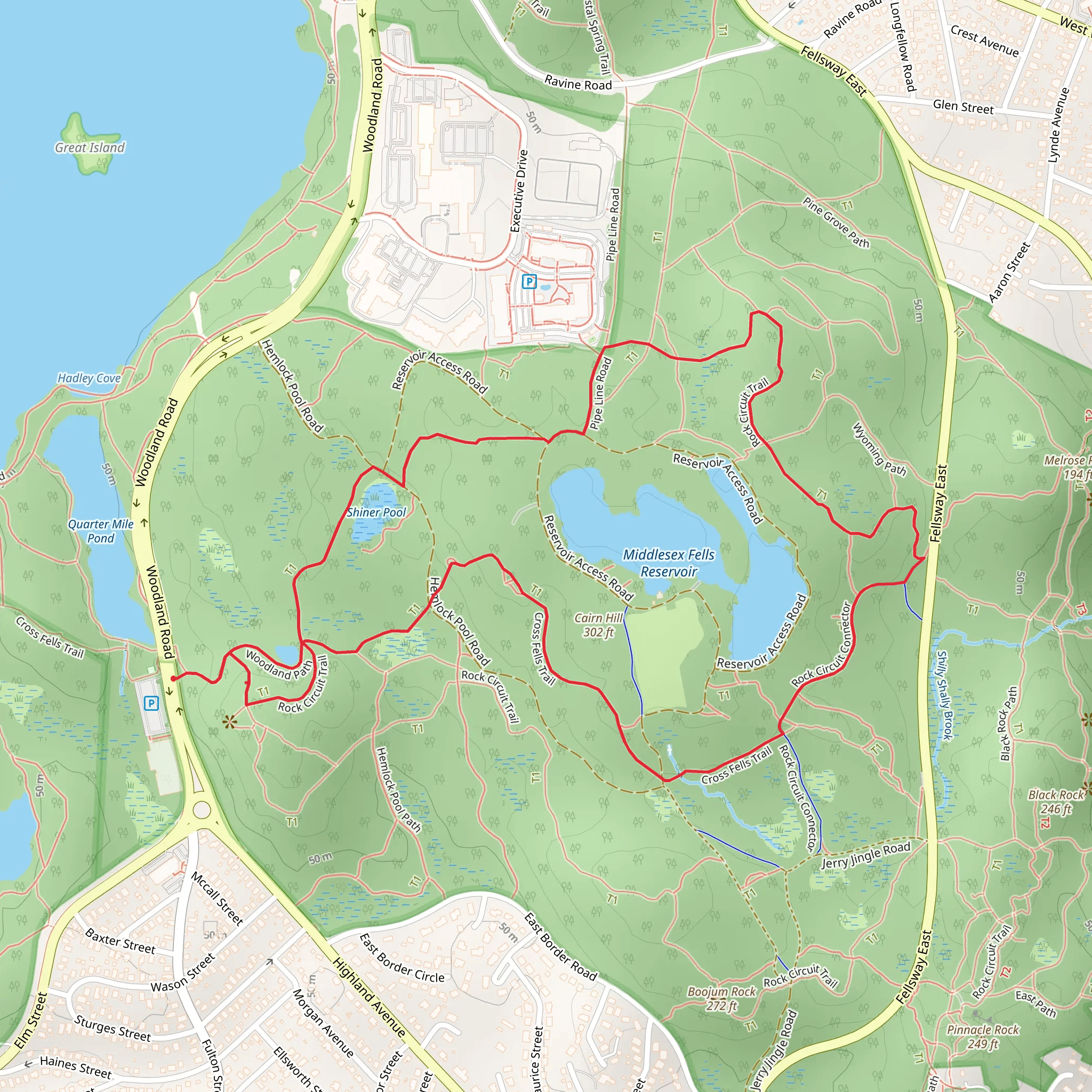 Middlesex Fells Reservoir via Rock Circuit Trail Loop mobile static map