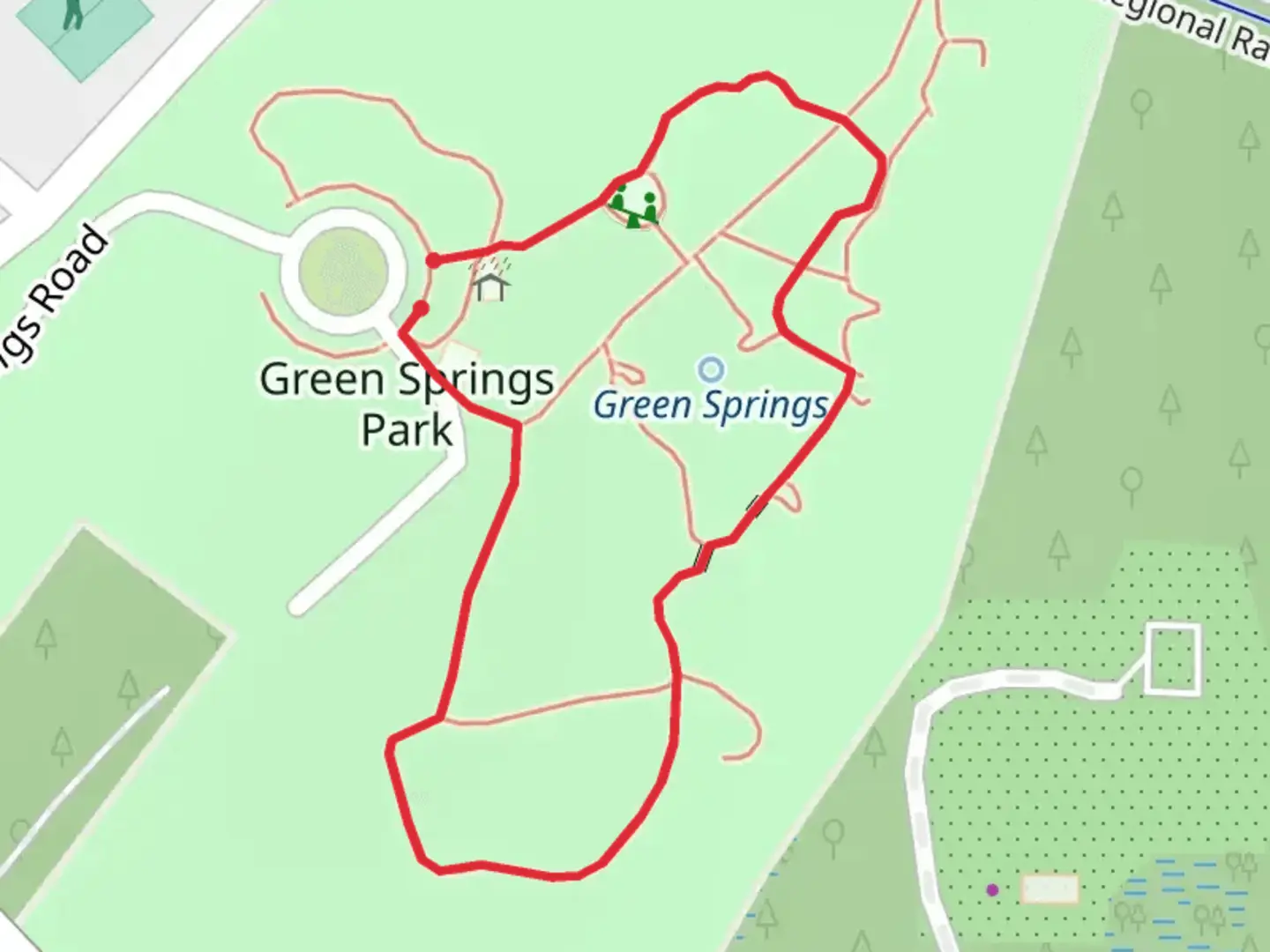 An image depicting the trail Green Springs Park Loop and its surrounding area.