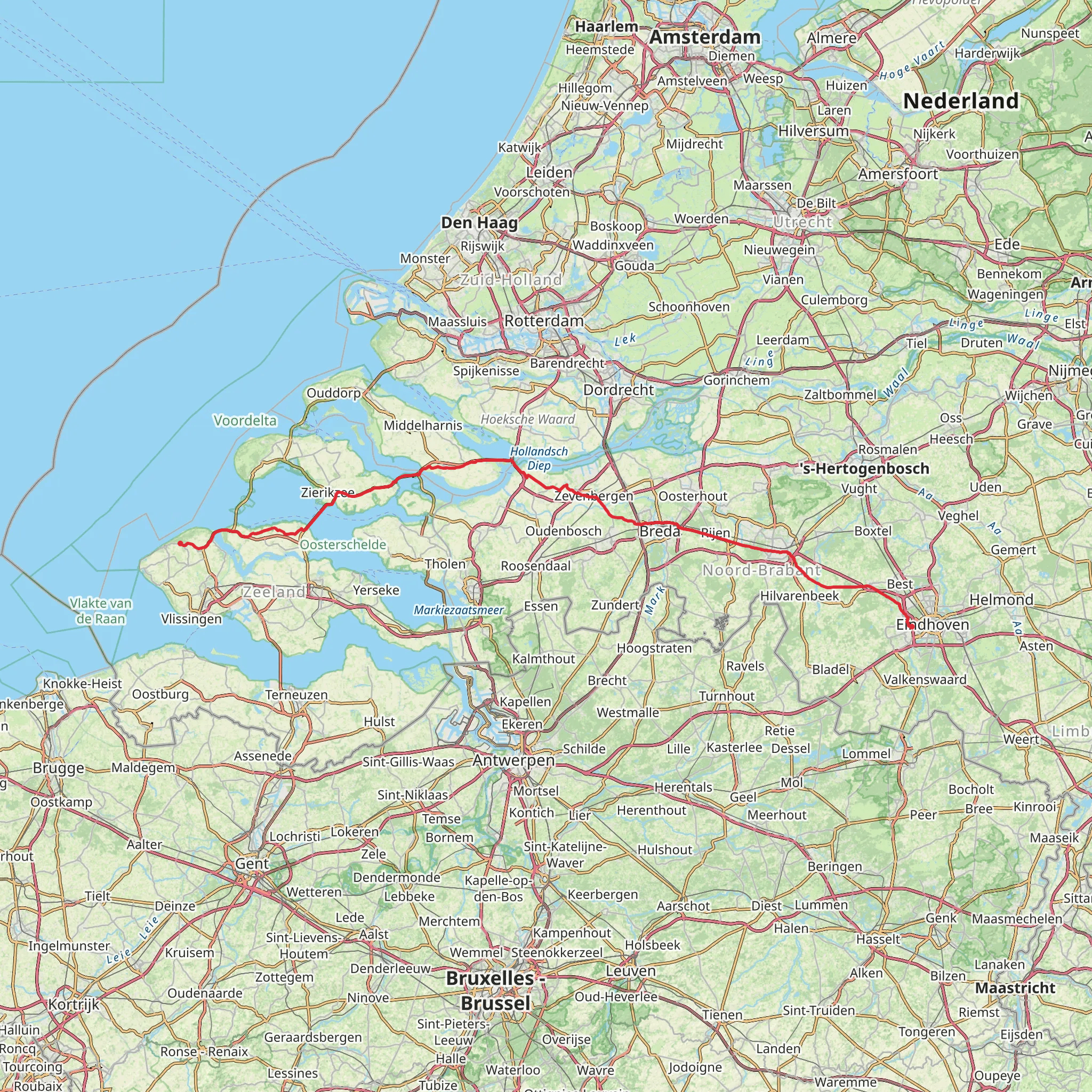 Veldhoven to Oostkapelle via Welschappad, Eindhovensedijk, Kanaaldijk Zuid and Bresaseweg mobile static map