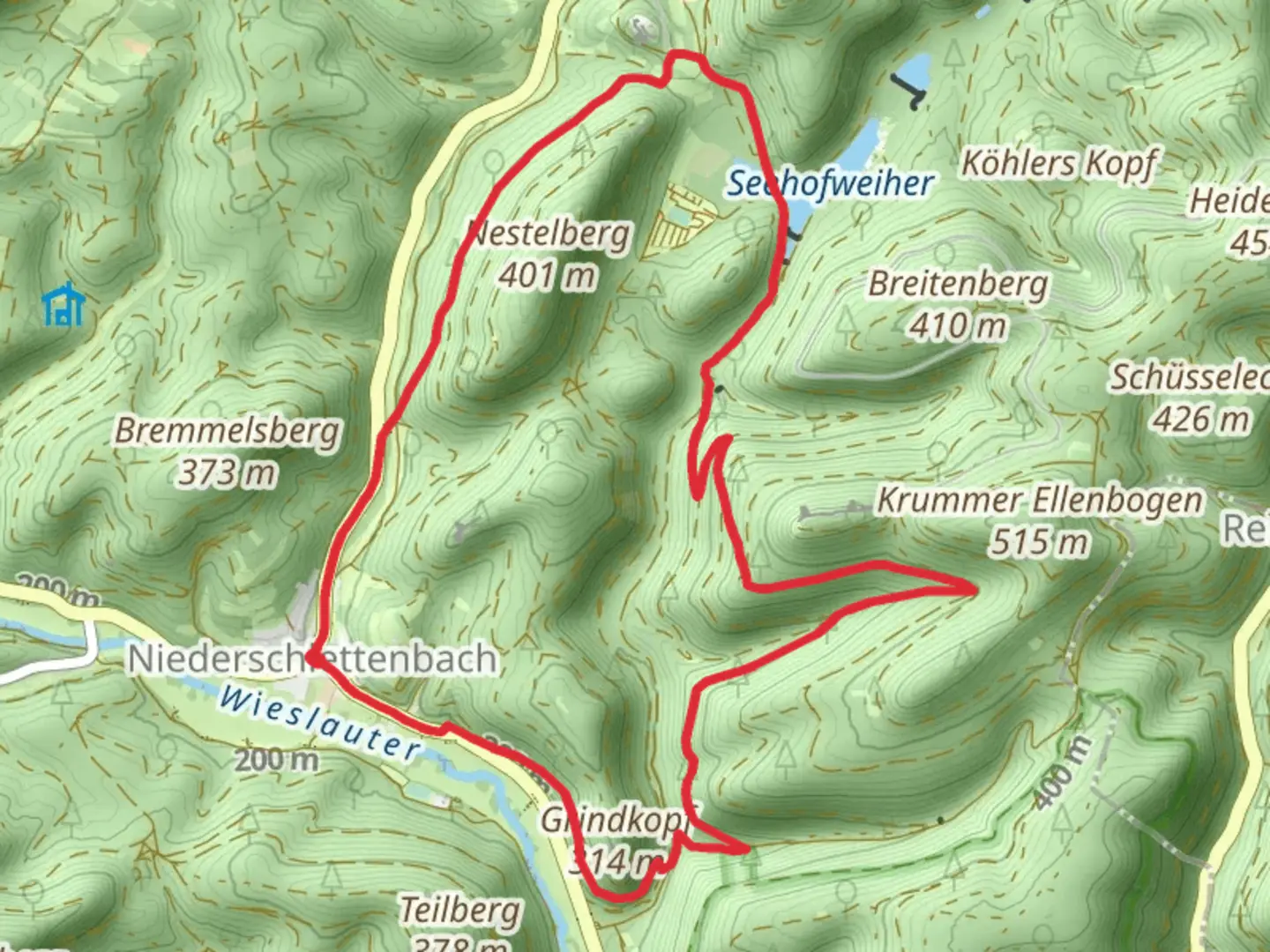 An image depicting the trail Niederschlettenbach Loop via Seehofweiher and its surrounding area.