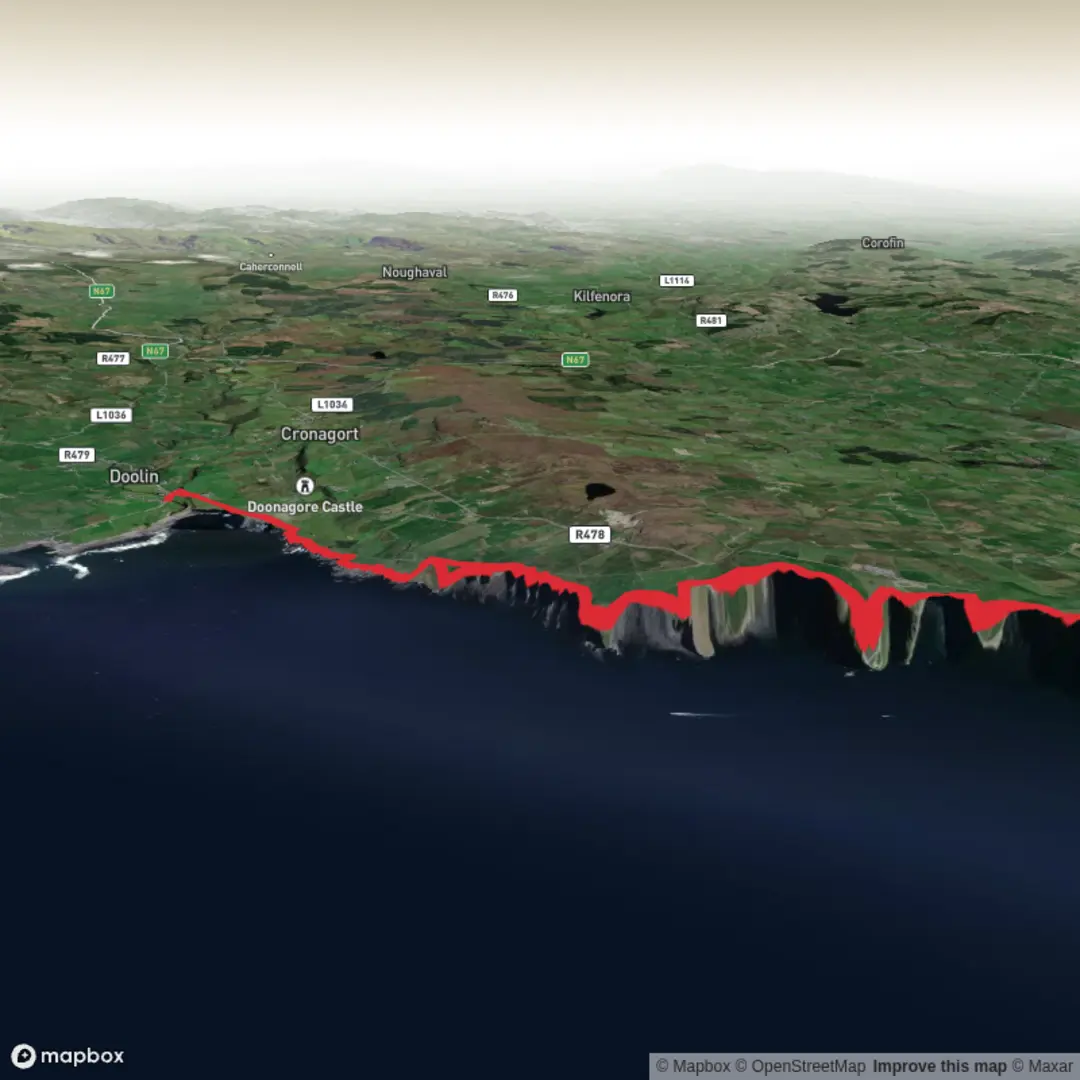 An image depicting the trail Cliffs of Moher and its surrounding area.