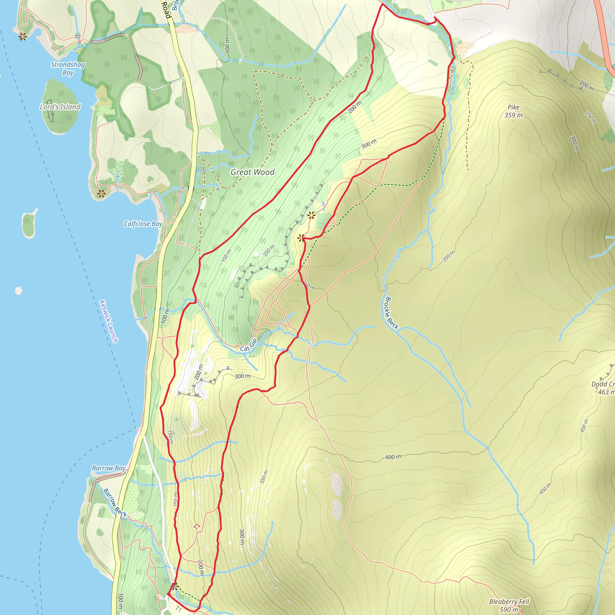 Walla Crag and Great Wood Loop near Derwent Water mobile static map