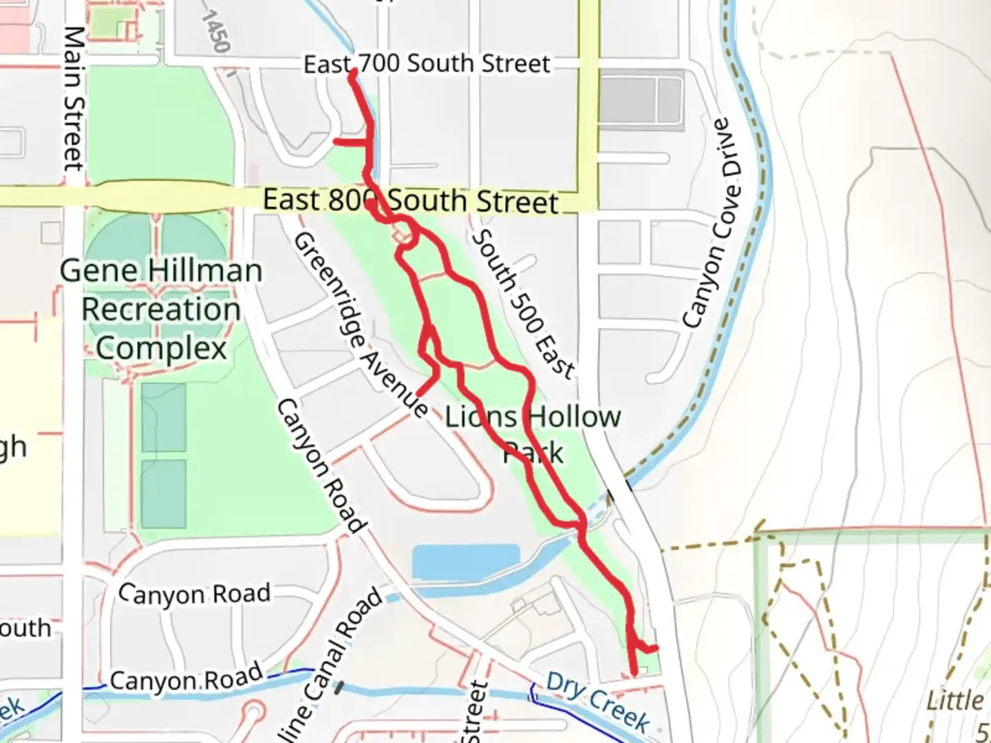 An image depicting the trail Pozon Park and Lions Hollow Park Loop and its surrounding area.