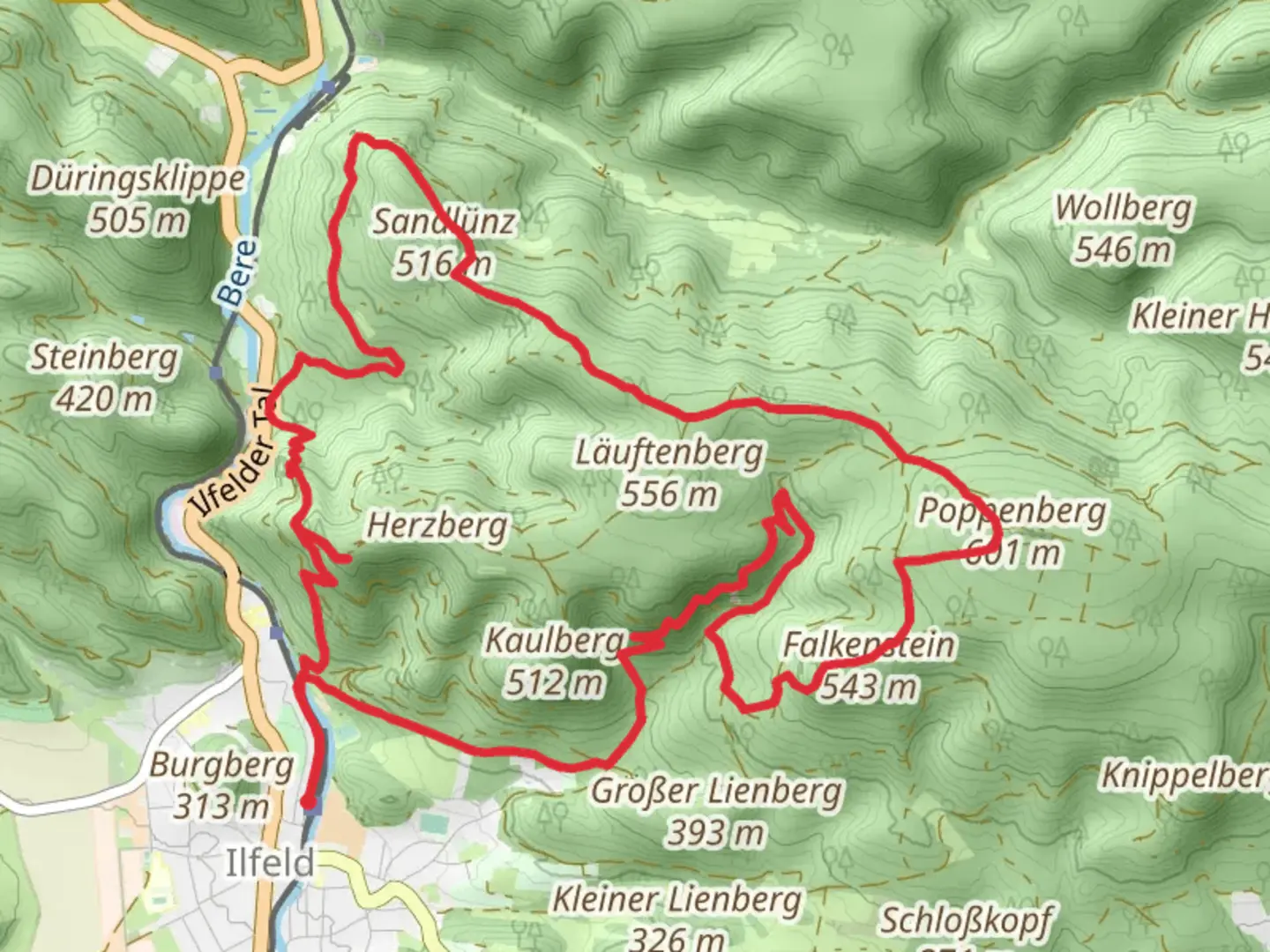 An image depicting the trail Kupfertalklippen, Poppenberg, Sandlünz and Wetterfahne Loop and its surrounding area.