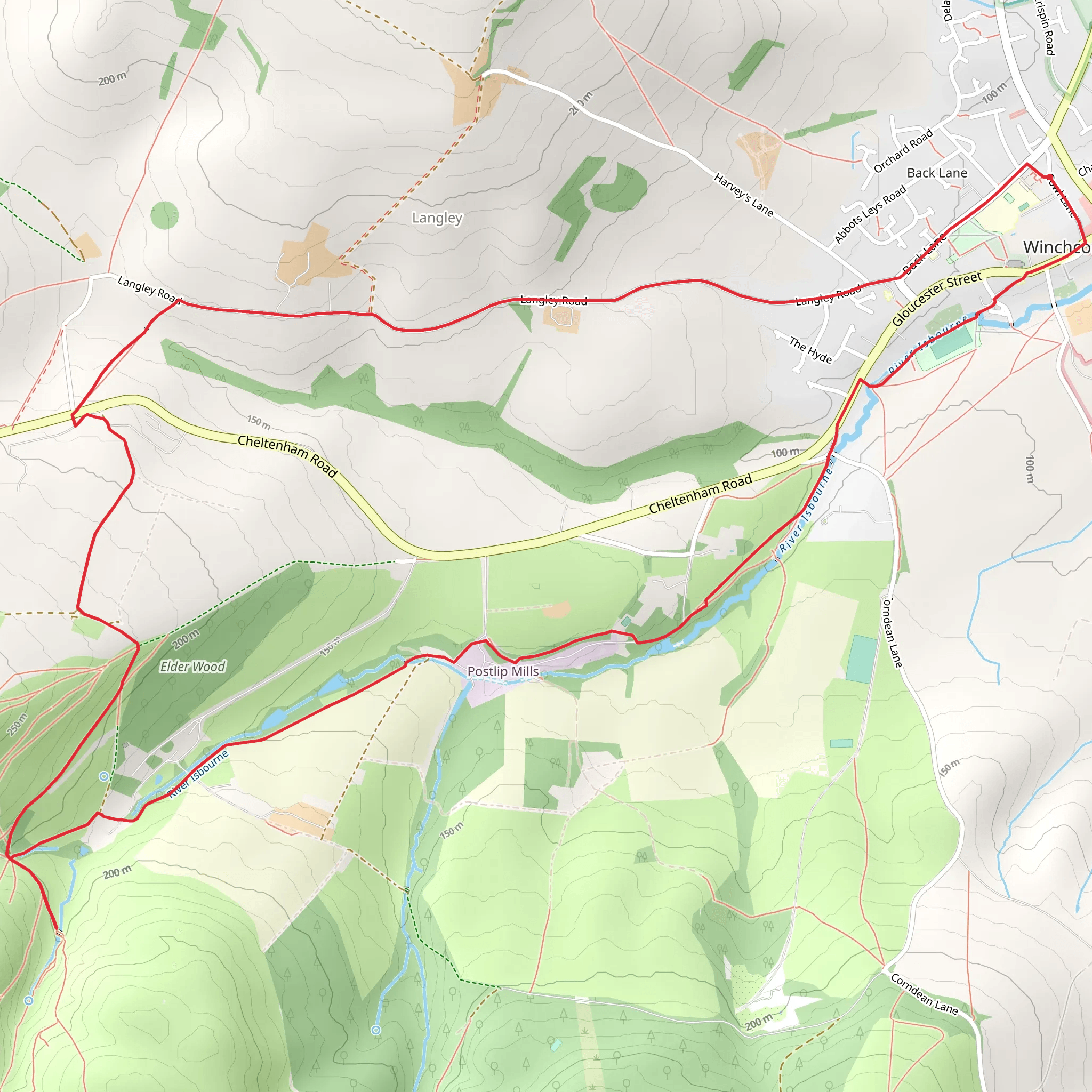 Winchcombe to the source of the River Isbourne mobile static map
