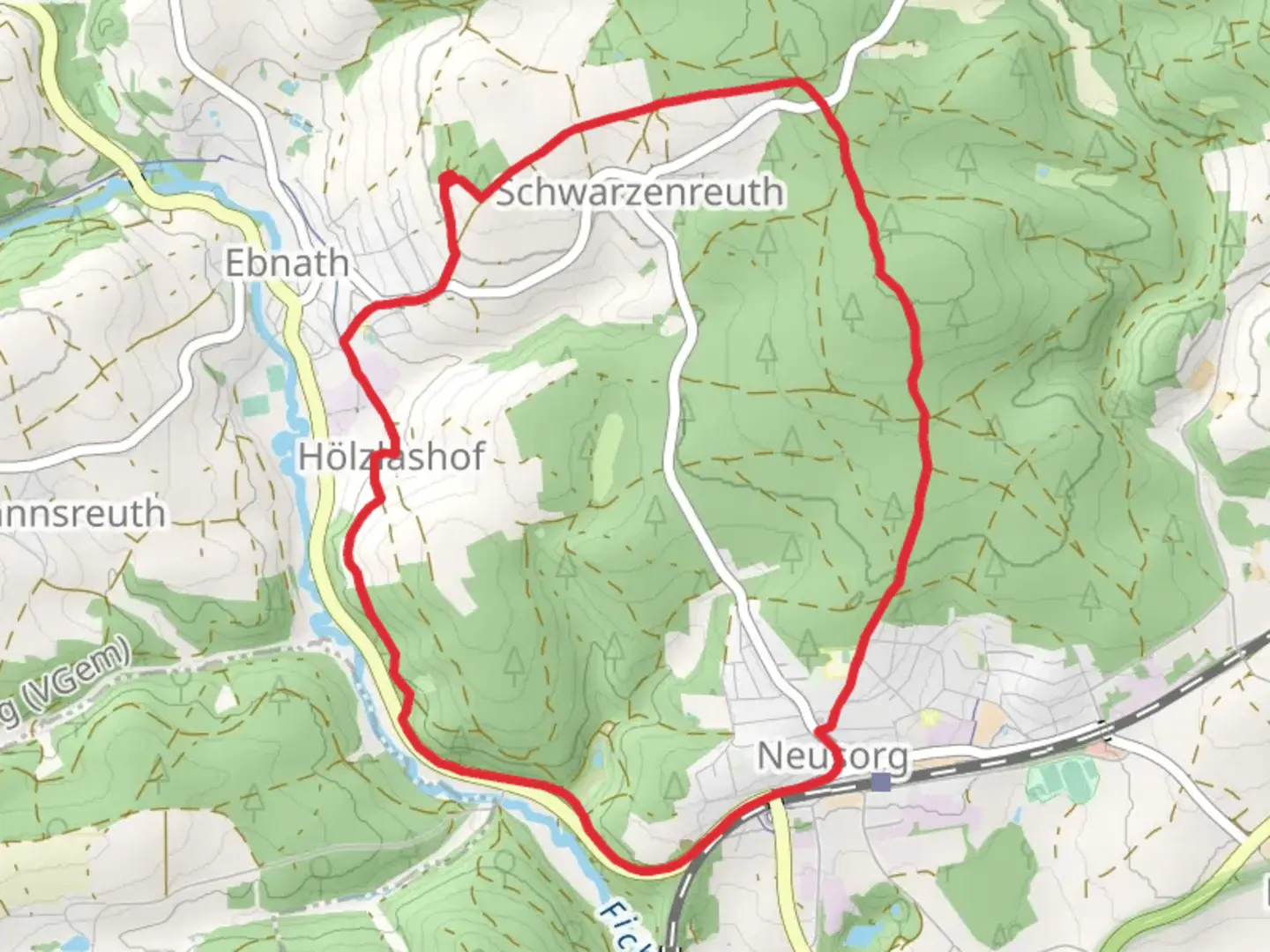 An image depicting the trail Neusorg Rundweg 1 and its surrounding area.