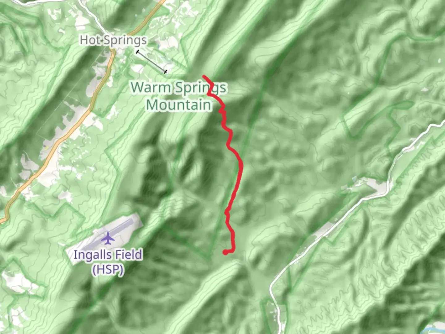An image depicting the trail Warm Springs Mountain via Mountain Momma Expert Cross Country and its surrounding area.