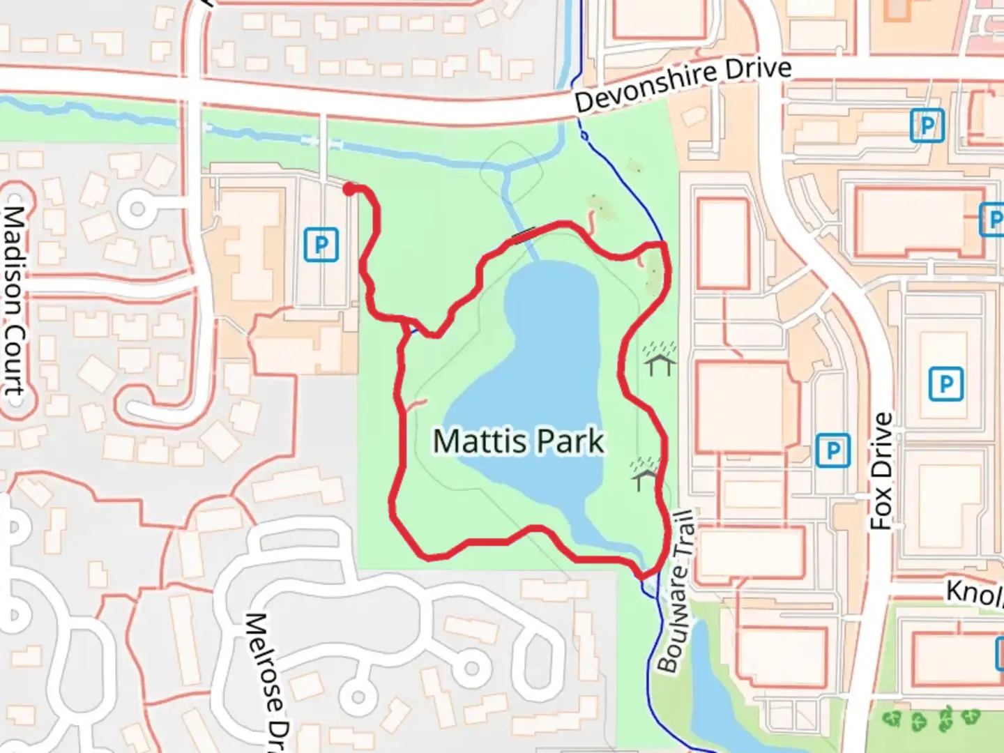 An image depicting the trail Mattis Park Loop and its surrounding area.