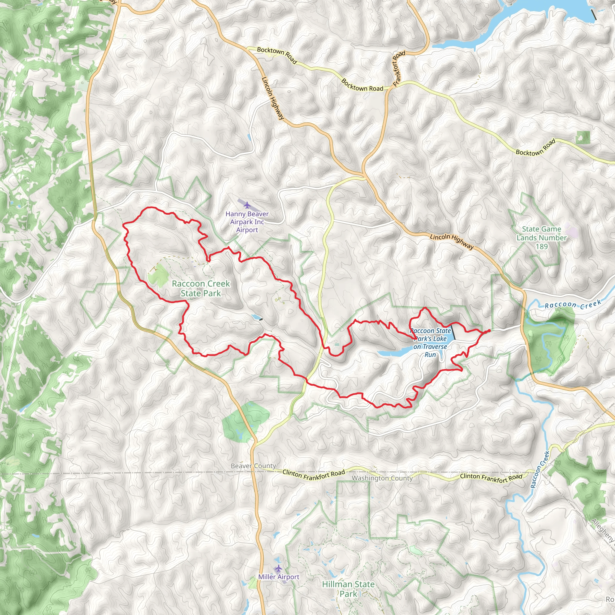 Raccoon State Park's Lake on Traverse Run Loop mobile static map
