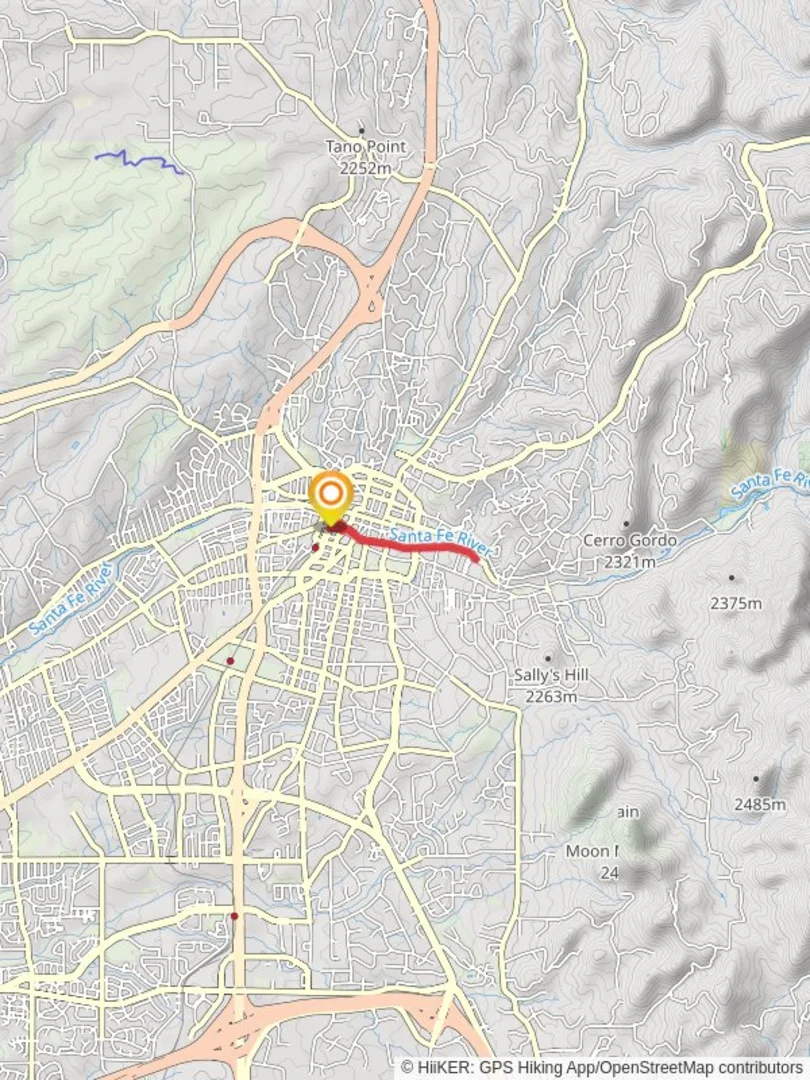 An image depicting the trail Walk along Santa Fe River from De Vargas Park and its surrounding area.